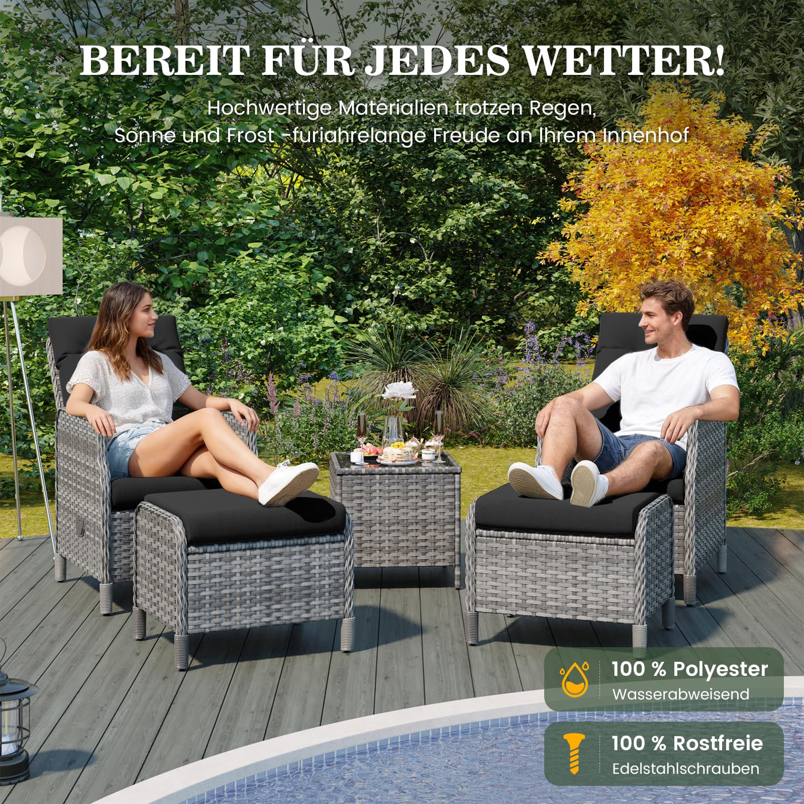 Amopatio Rattan Gartenmöbel Set mit 2 Verstellbarem Rattan Sessel, 2 Hocker & Glastisch, Wetterfest Lounge Möbel Outdoor mit Softkissen, für Garten,Terrasse & Balkon, Grau-meliert & Schwarz Bezüge