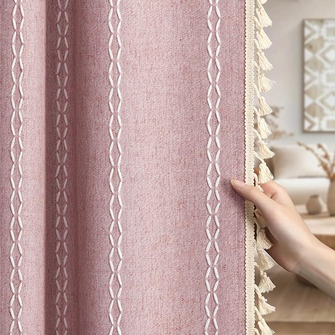 Brown Boho Blackout Curtains 2 Panels 84 Inch for Living Room Bedroom, Warm Taupe Linen Texture Farmhouse Curtains with Tassels and White Cotton Embroidery Vintage Rustic Country Western