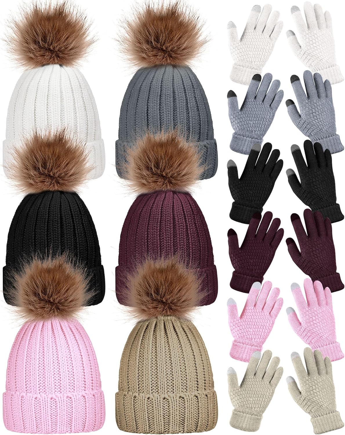 JaGely 12 Pcs Women Winter Knitted Hat Gloves Set Touch Screen Gloves Warm Knitted Beanie Hats Faux Fur Pom Winter Warm Set