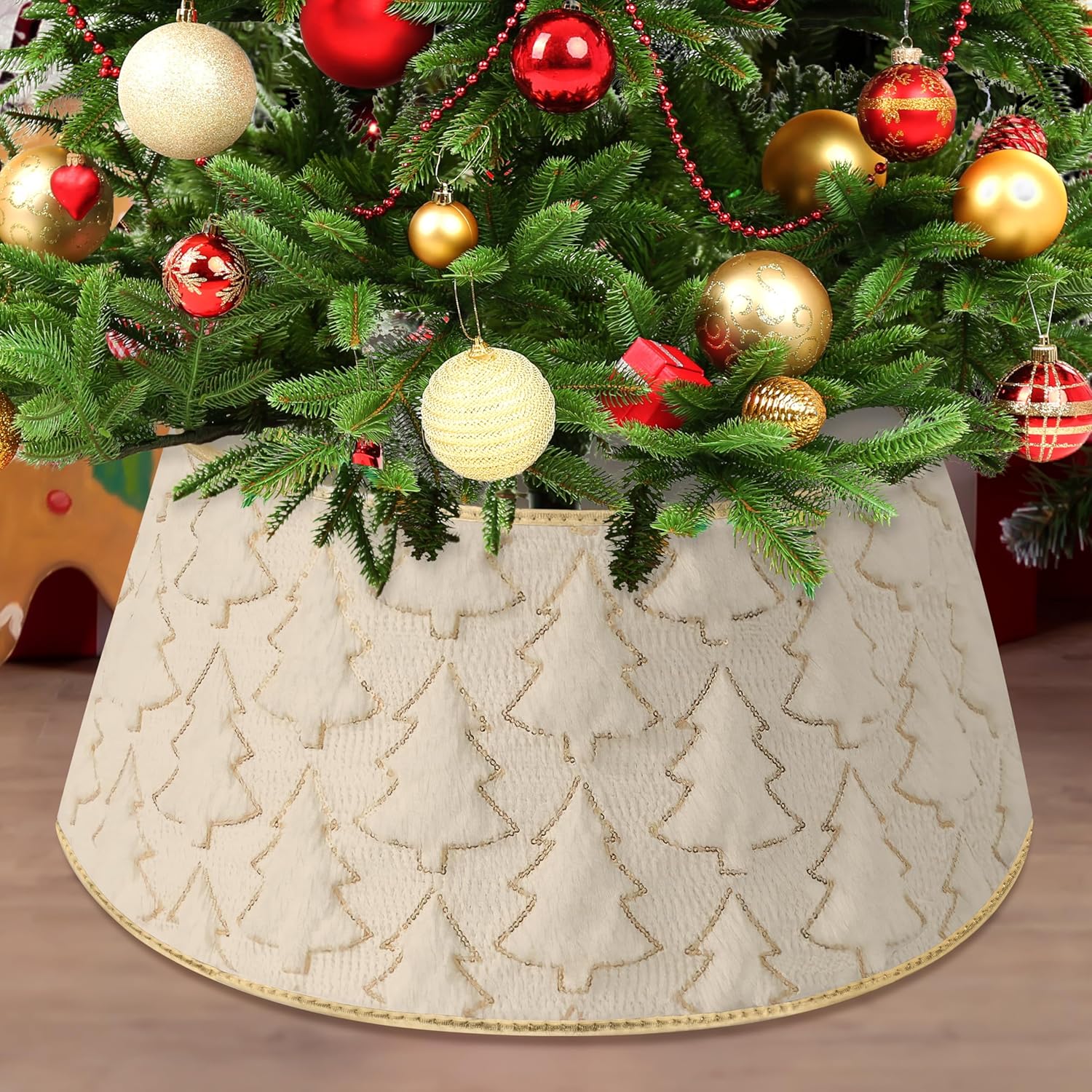 Faux Plush Christmas Tree Collar,Rustic Farmhouse Tree Skirt Ring with Xmas Tree Textured Pattern for Holiday Christmas Indoor Home Decor