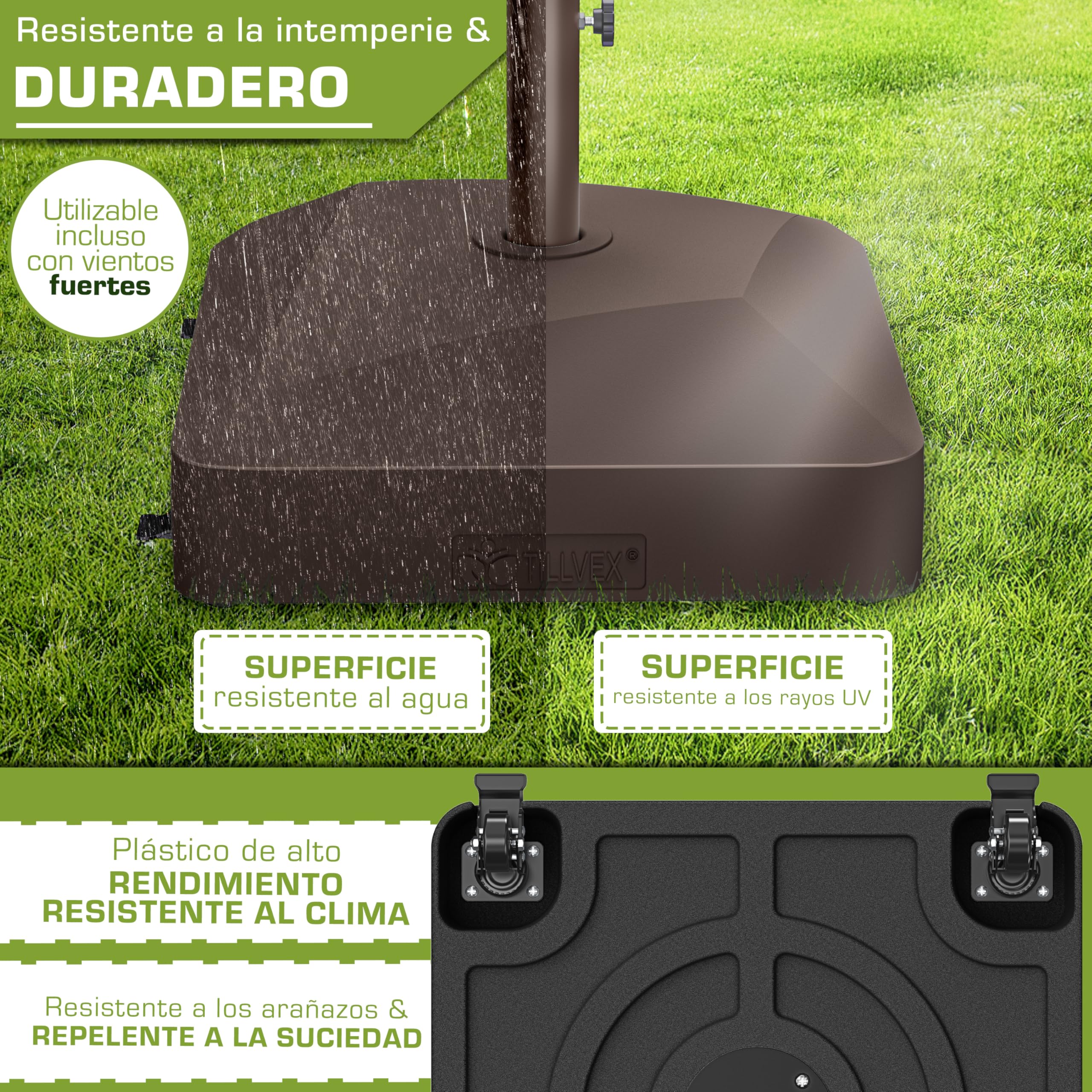 tillvex® Base de sombrilla GRAVIA con Ruedas y Frenos | Soporte de lastre rellenable 37L / 56kg | Pie para Parasol y sombrilla de Mercado Ø 1,8-3,7m | Resistente a la Intemperie y UV (Marrón) — view 7