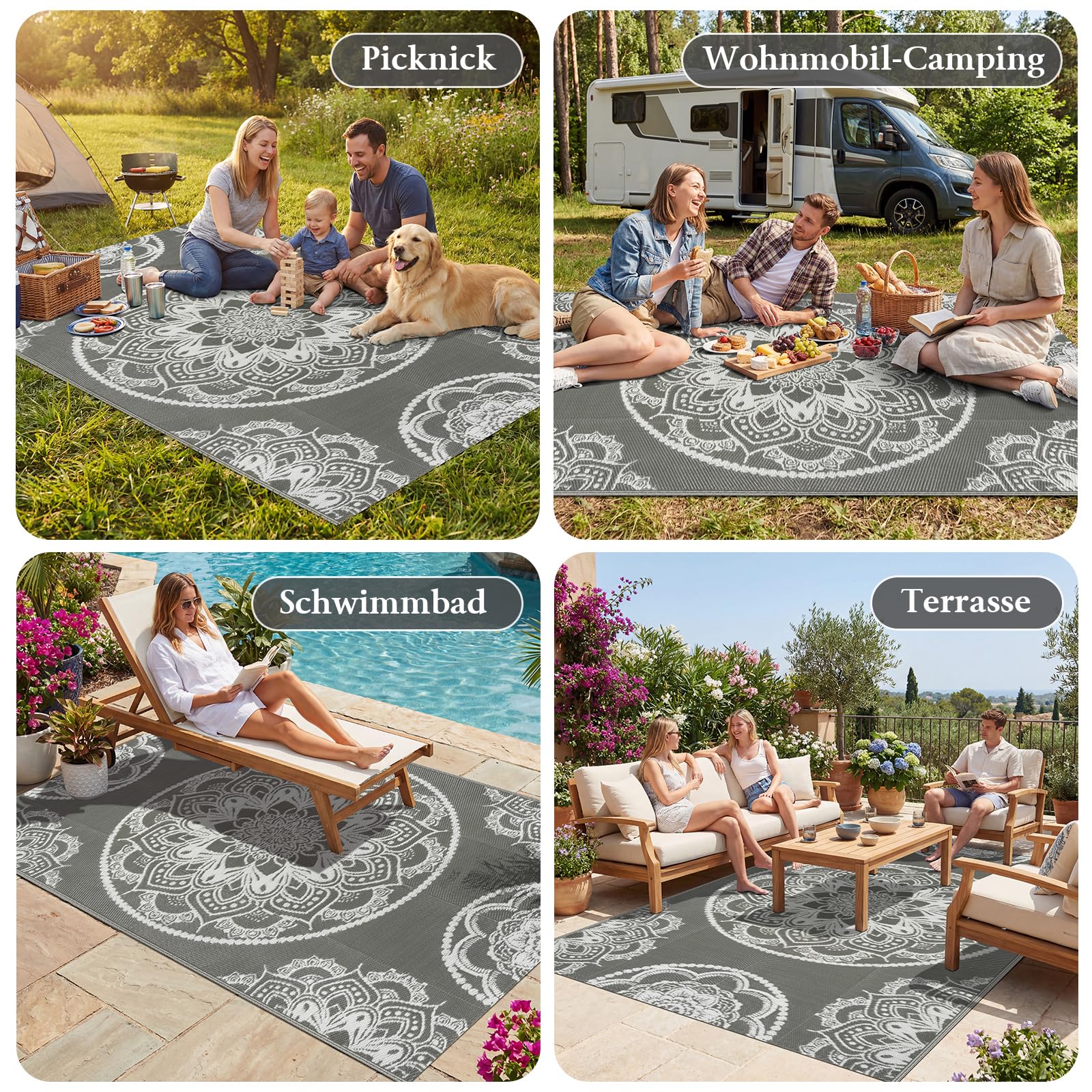 Outdoor Teppich Wetterfest 150×245 cm, Wendbarer Balkon Teppich Boho Wasserfest Aussen Grau, Kunststoff Stroh Camping Teppich für Draußen Terassen Garten Picknick Wohnmobil