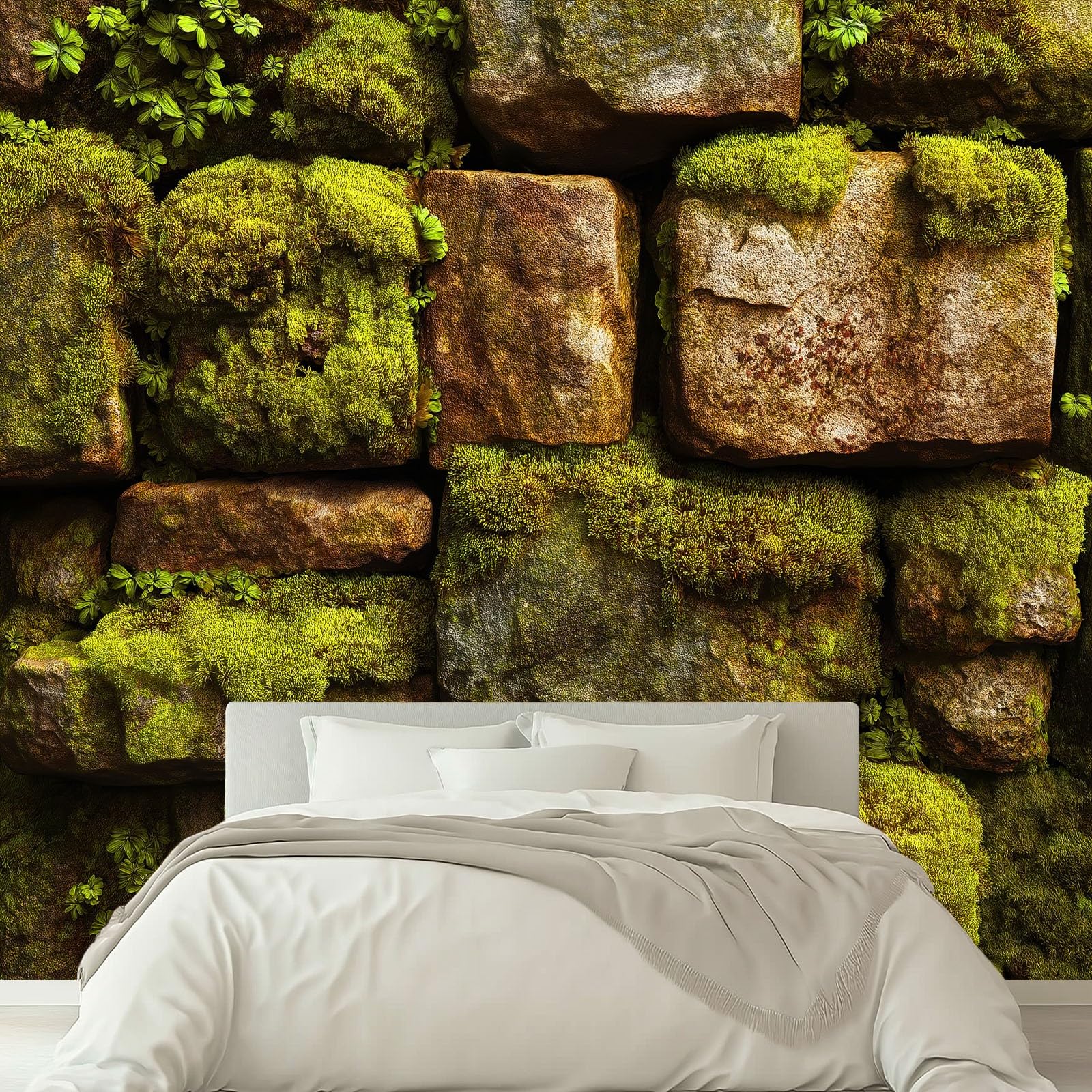 Générique Panoramiczna tapeta 200 x 140 cm nowoczesny kamień ściana mech zioła aromatyczne - tapeta z efektem 3D gobelin ścienny z włókniny - dekoracja ścienna do salonu, sypialni i kuchni zielona