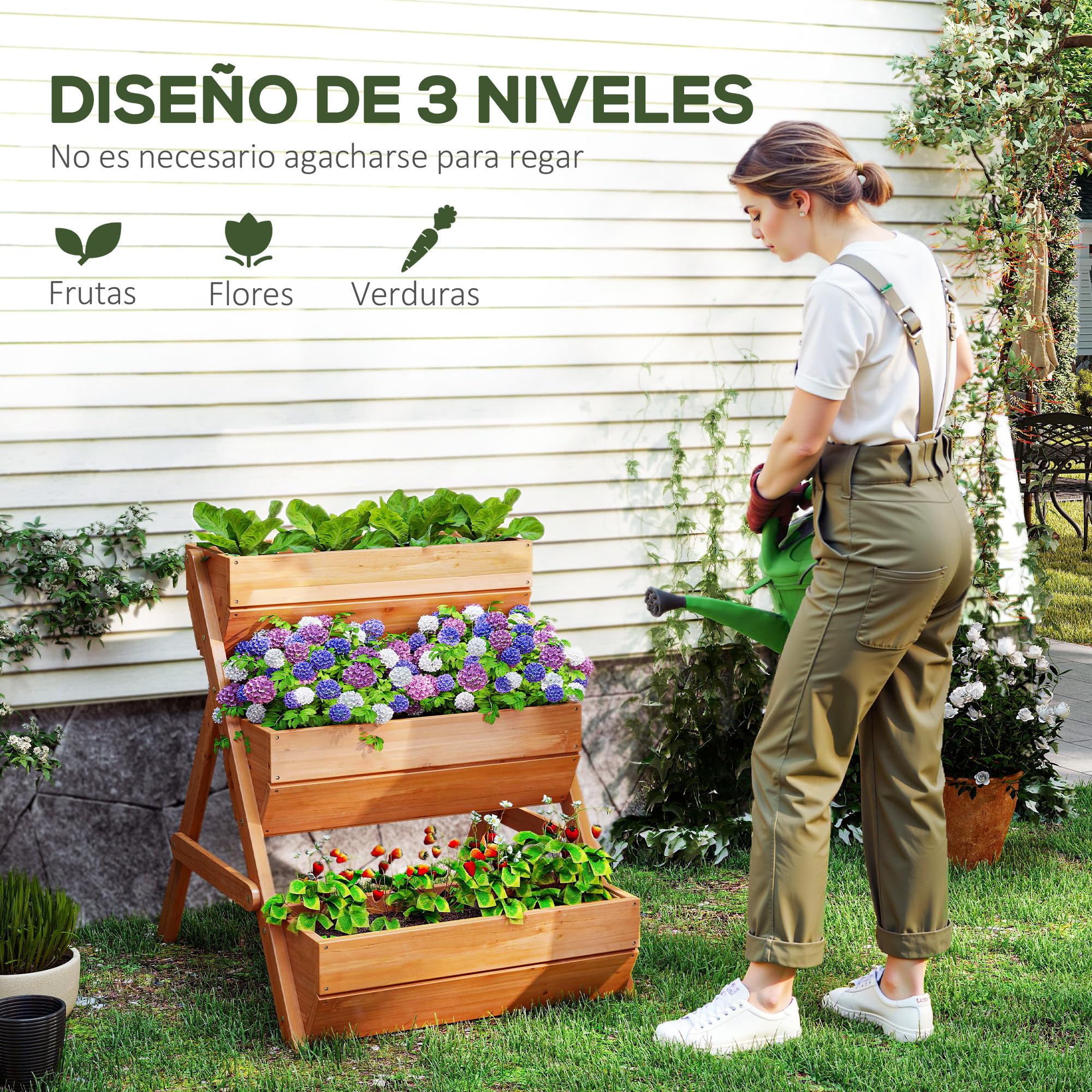 Outsunny Jardinera de Madera de 3 Niveles, Jardinera Elevada Exterior con Orificios de Drenaje, Macetero para Cultivos de Plantas, Flores, para Terraza, Jardín, 65x75x76 cm, Marrón