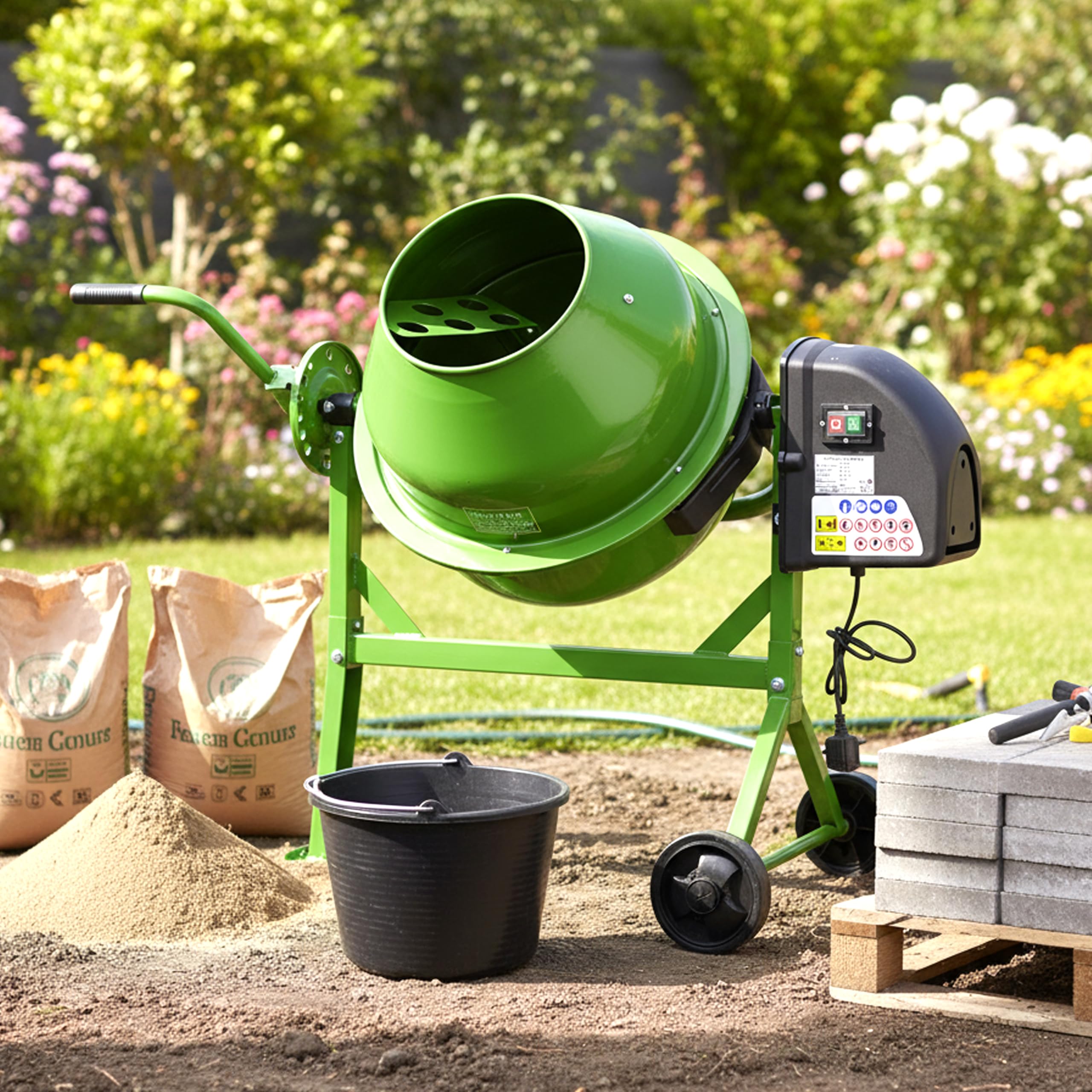 Cement Mixer Electric 63L Drum Powerful 220W Motor by Garden Universe Professional Series in Green Model CM01
