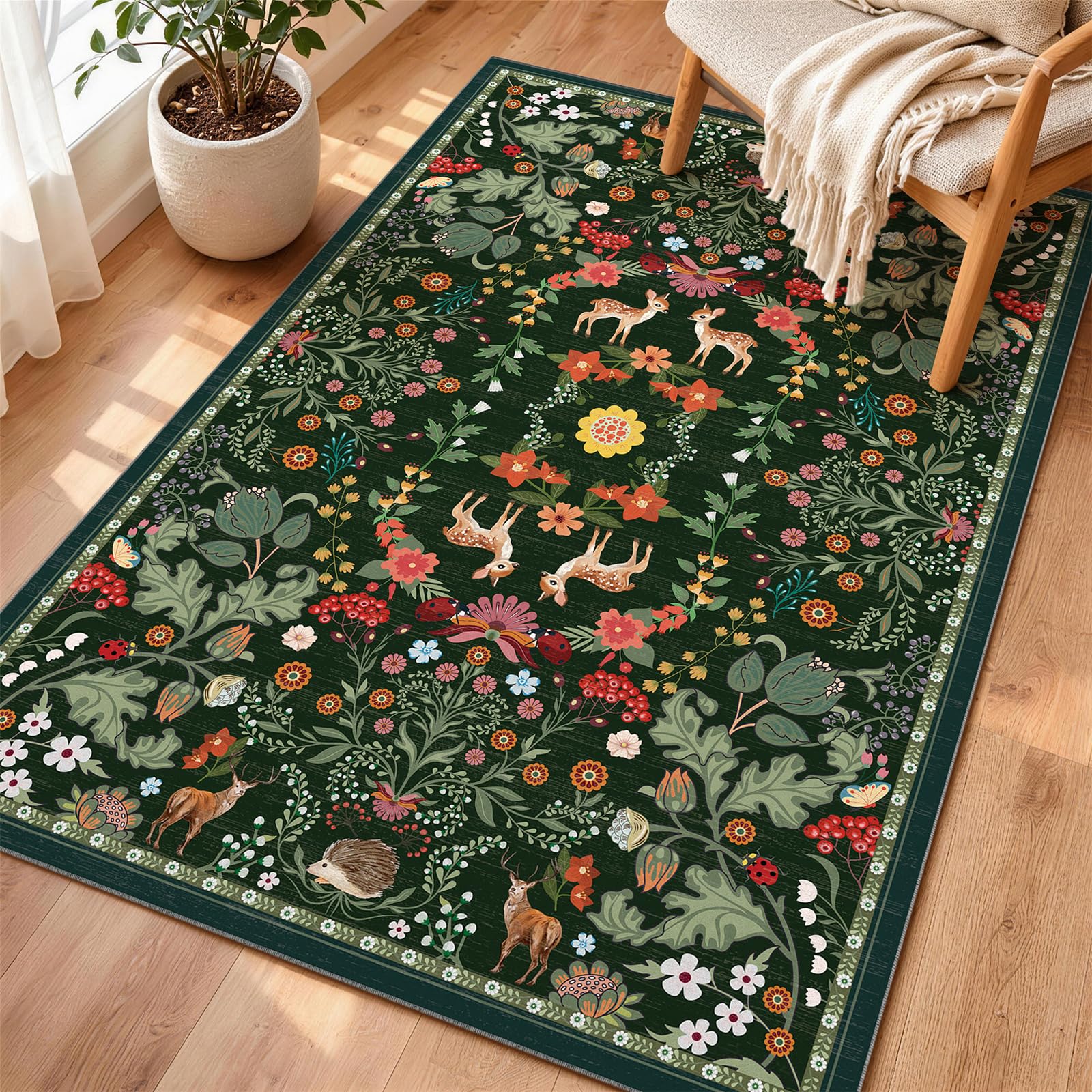 FVVRAX Rugs for Bedroom 80×150 cm, Dark Green Washable Boho Rugs Living Room, Non-Slip Rug for Lounge Room, Soft Low Pile Animals Floral Print Design Vintage Carpet Easy Care — image 1