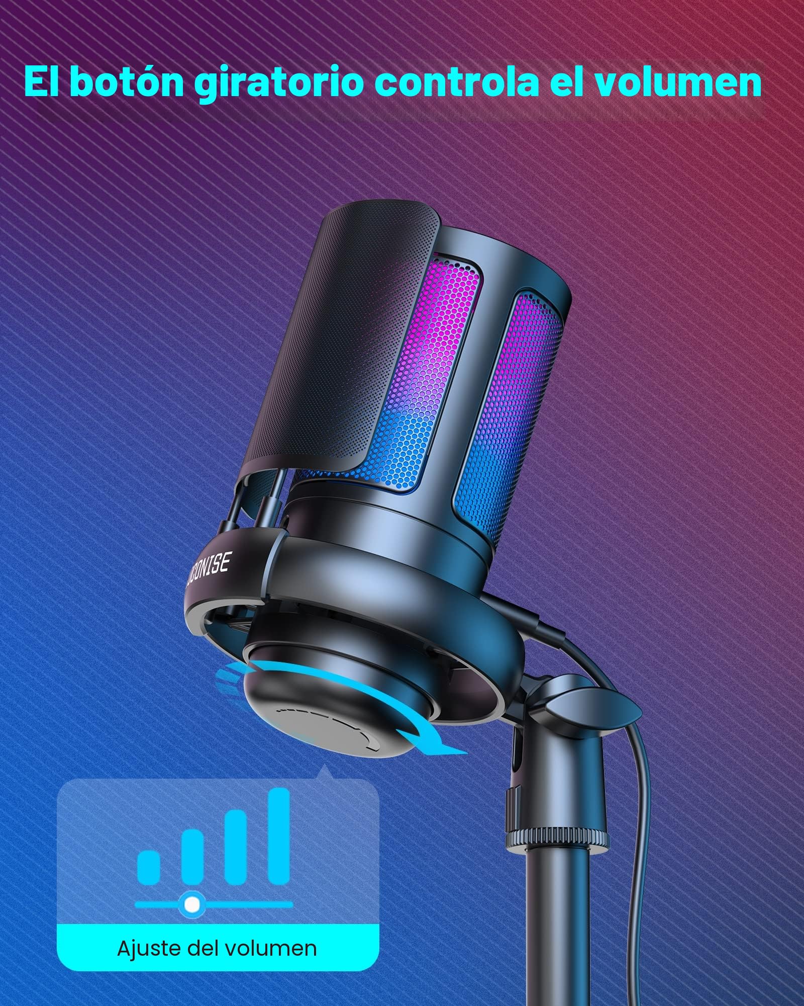 COCONISE Micrófono Gaming RGB, Microfono Pastilla cardioide para PC Mac PS4 PS5, Mute Touch, Equipado con Conector para Auriculares, Perilla para Ajustar el Volumen,Filtro Anti-Pop