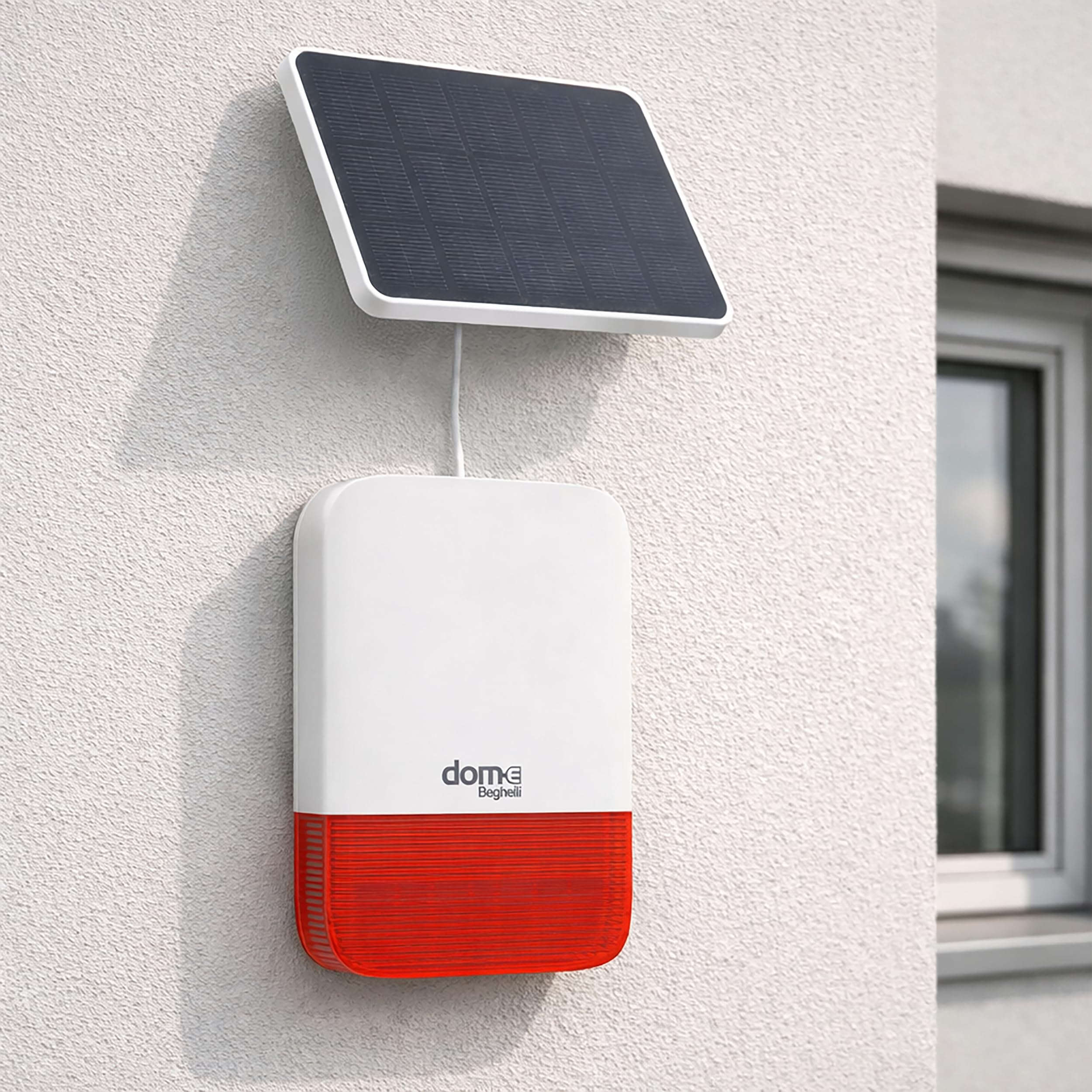 Beghelli - Dom-en, bezprzewodowa syrena zewnętrzna, zasilanie słoneczne 10 W i sieć 230 V, technologia LoRa, do centralnego Dom-e Cod. 60105, IP65, sygnalizacja świetlna i dźwiękowa