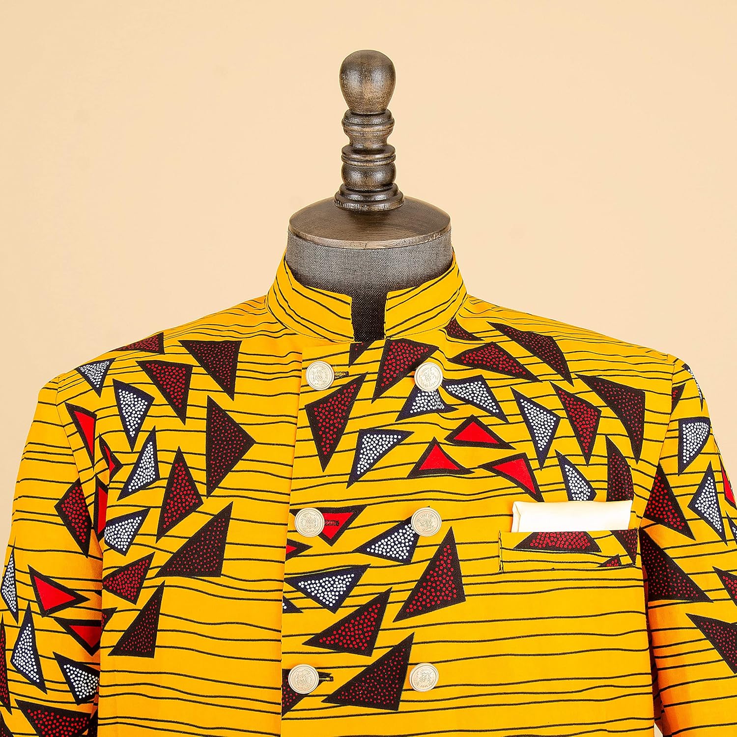 African Suit for Men Dashiki Long Jackets and Pants 2 Piece with Kerchief Double Breasted Slim Fit