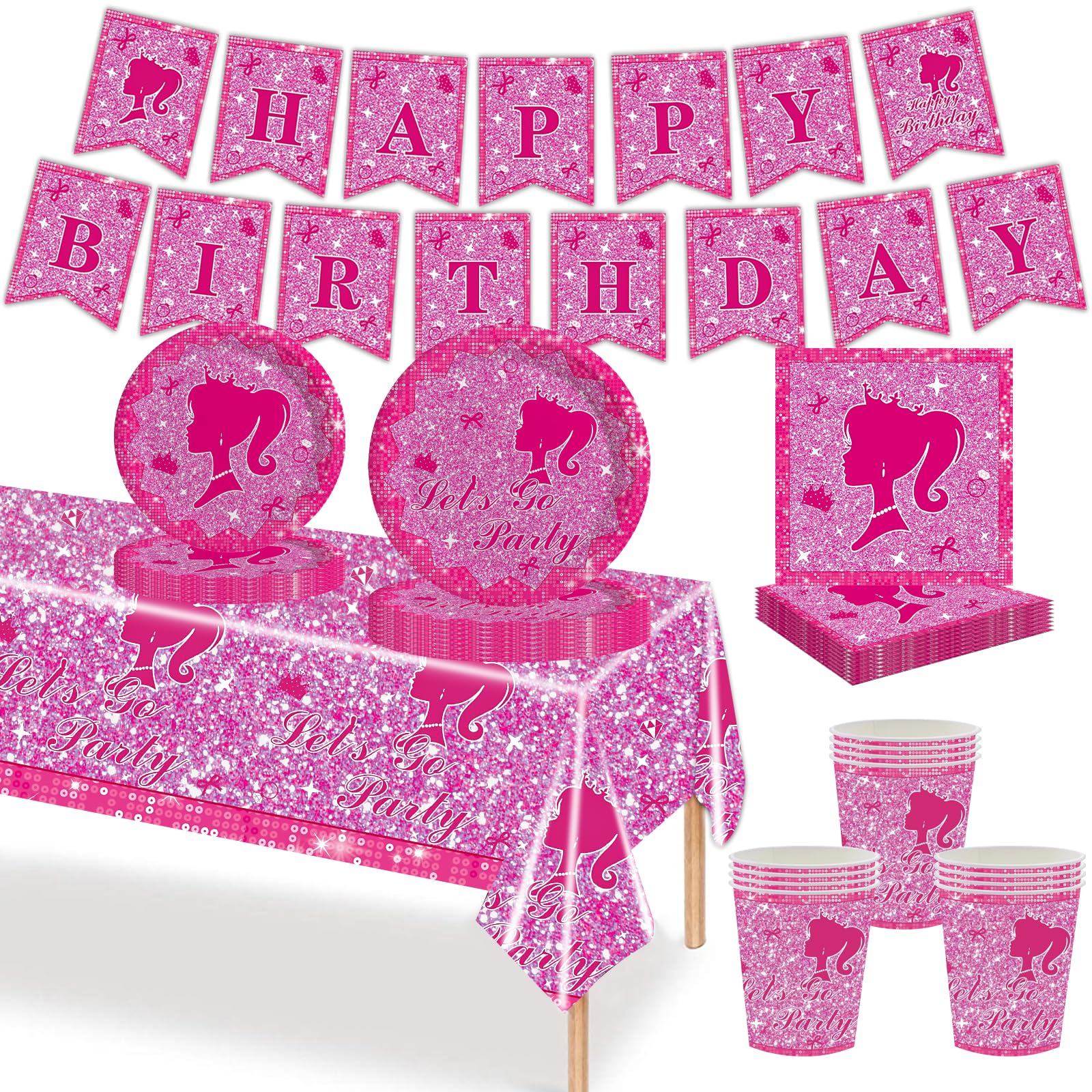 MORAINJAY 70Pcs Hot Pink Girls Party Tableware Set,Hot Pink Table Decoration,Banner,Cups,Paper Plates and Napkins for Princess Birthday Let's Go Party Supplies(16 Guests)