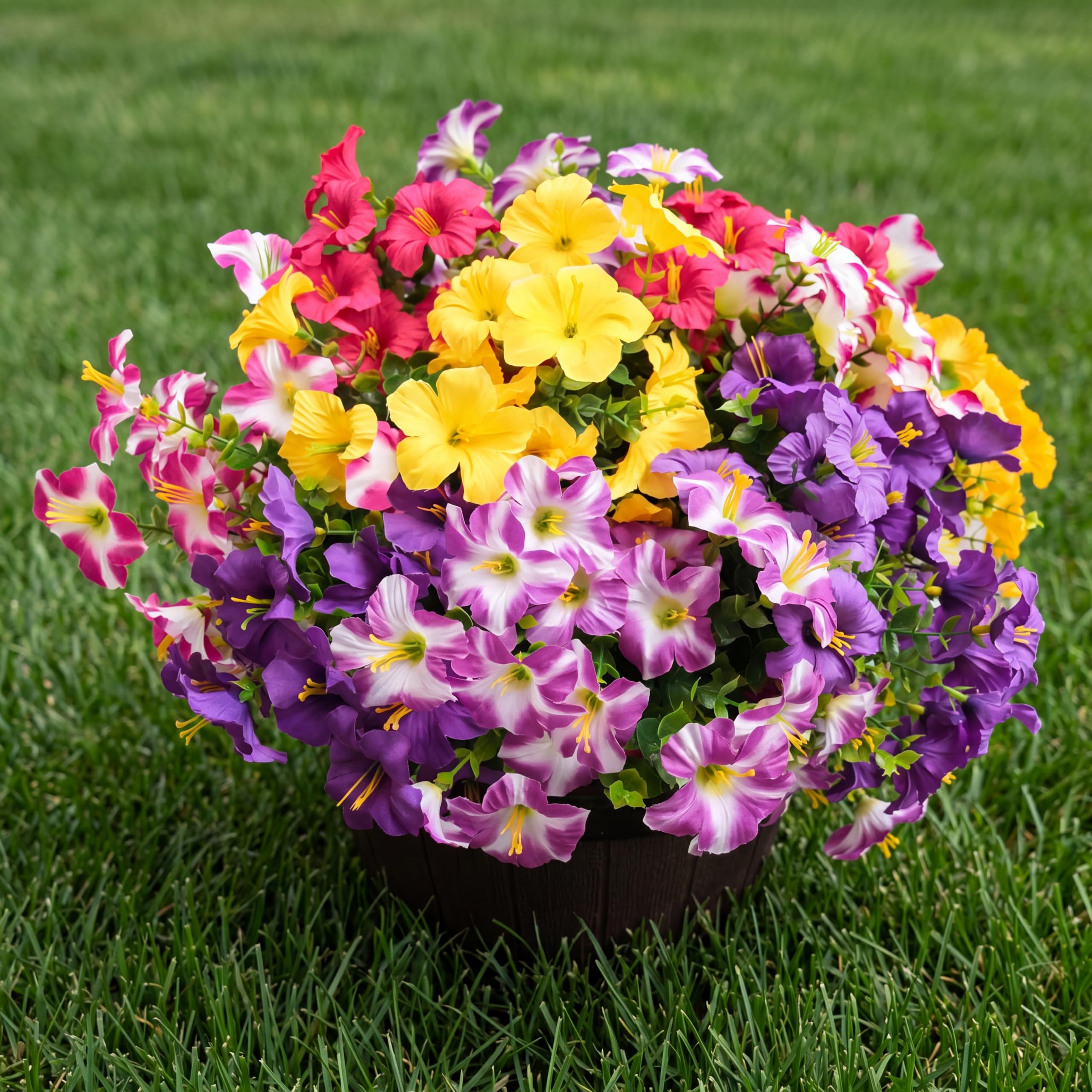 Artificial Flowers for Outdoors Fake Plants Outside Decoration, 12 Bundles Silk Petunia with Eucalyptus UV Resistant Realistic Faux Flowers for Outdoor Planters Garden Balcony (6 Color) - 1