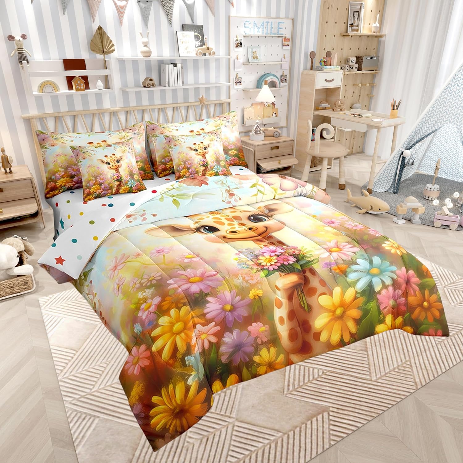 Cartoon Giraffe Full Comforter Set with Sheets Bed in a Bag 7 Pcs,Dreamy Flowers Daisy Girls Kids Boys Bed Set,Cute Giraffe Bedding Sets with Comforter,Flat,Fitted Sheet,Pillowcases,Pillow Covers
