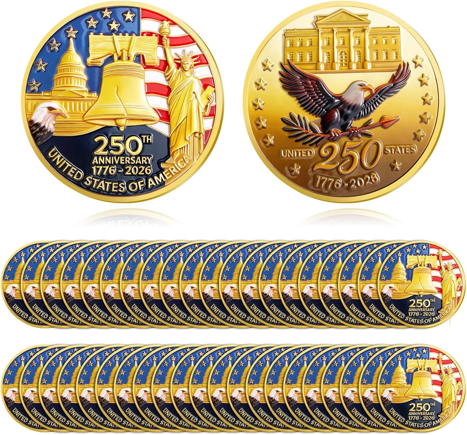 Highergo 250th Anniversary Commemorative Coins USA Eagle and Patriotic Symbols Collectible 250 Year Merchandise for Celebration Display Collectors Challenge Coin Gift(40 Pcs,Style 1)