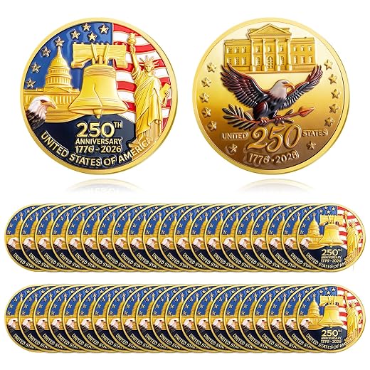 Highergo 250th Anniversary Commemorative Coins USA Eagle and Patriotic Symbols Collectible 250 Year Merchandise for Celebration Display Collectors Challenge Coin Gift(40 Pcs,Style 1)