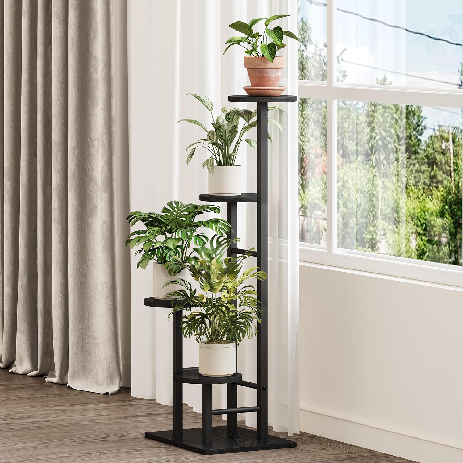5 Tier Plant Stand Indoor, Corner Plant Shelf, Plant Shelves Organizer, Flower Stand for Multiple Plants, Tall Wood Plant Shelf Holder for Indoor, for Living Room, Balcony GPS108BW