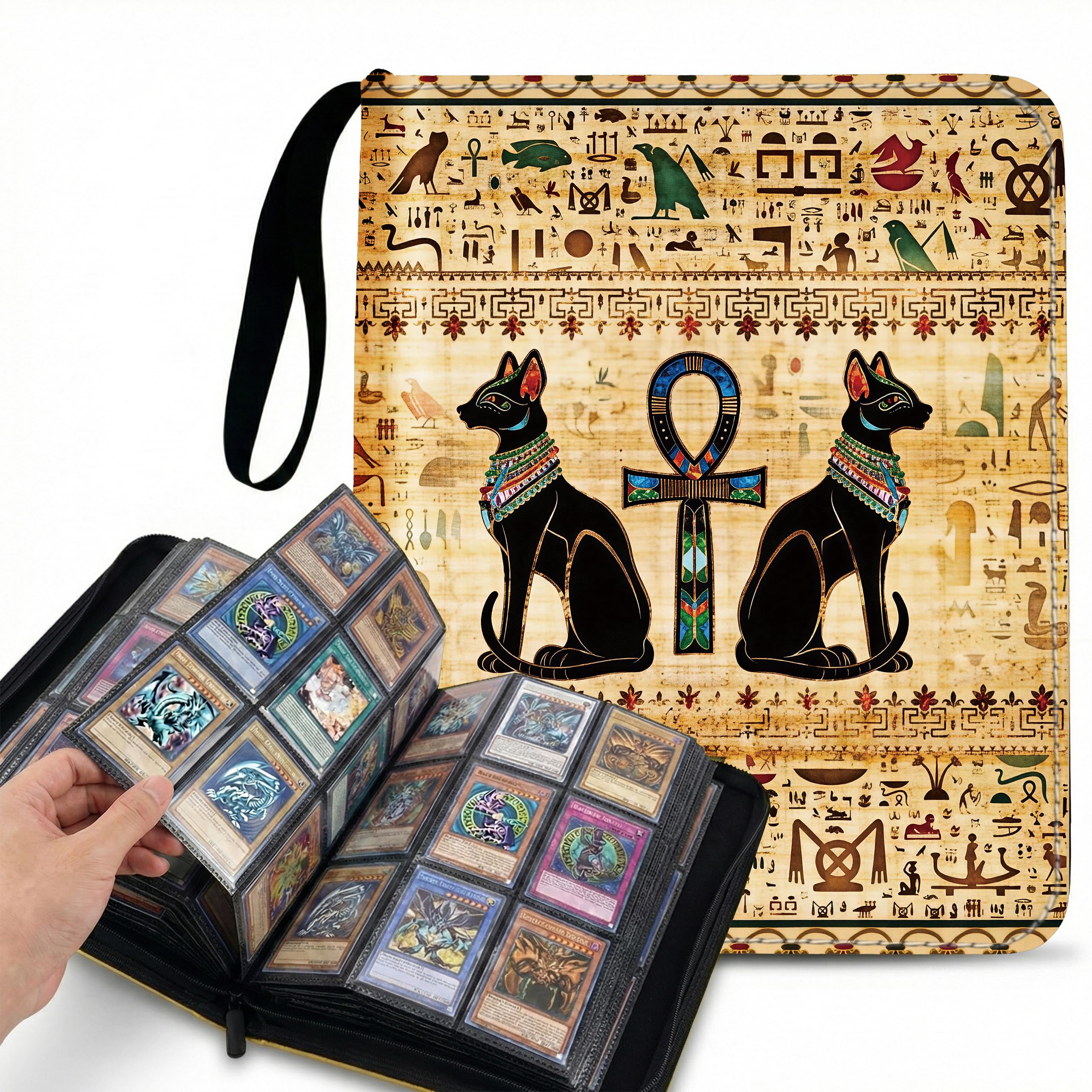 Cylvenor nine grid 900 pocket for yugioh card binder with cover - tcg binder for mtg, ptcg and card storage - durable card holder binder (Aegis of Bastet)