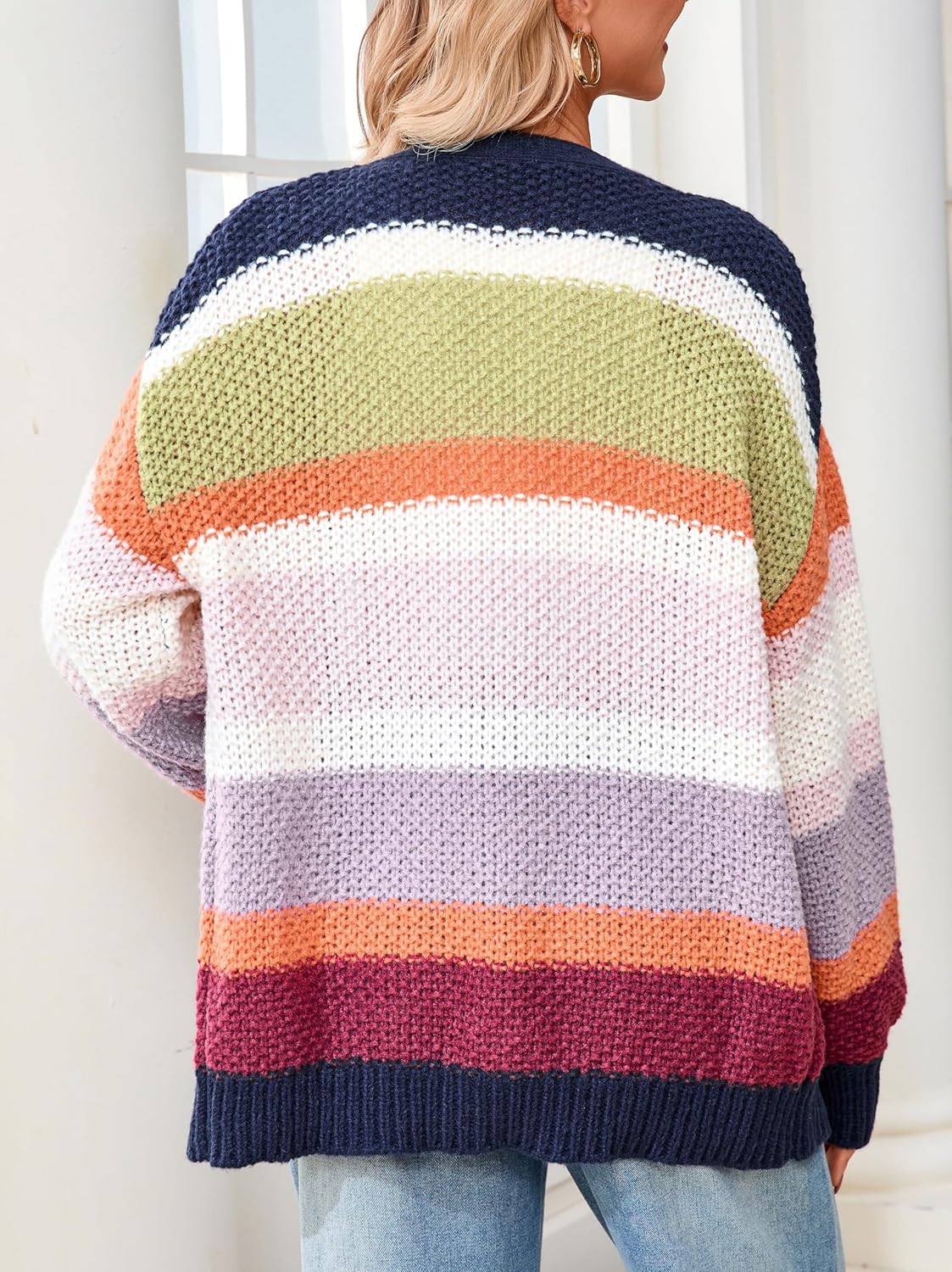 Womens Striped Chunky Cardigan Sweaters Oversized Open Front Trendy Long Sleeve Color Block Knit Sweater Coats - Image 6