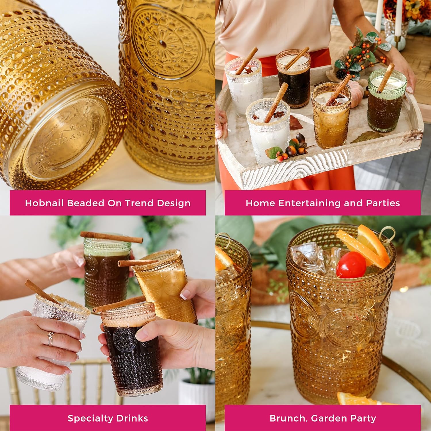 Hobnail Beaded Floral Amber Drinking Glasses Set of 6, (13 oz) Vintage Glassware Set by Kate Aspen| Cocktail Glass Set, Juice Glass, Water Cups | Great Hostess Gift & Gift for New Home Owners - Image 5
