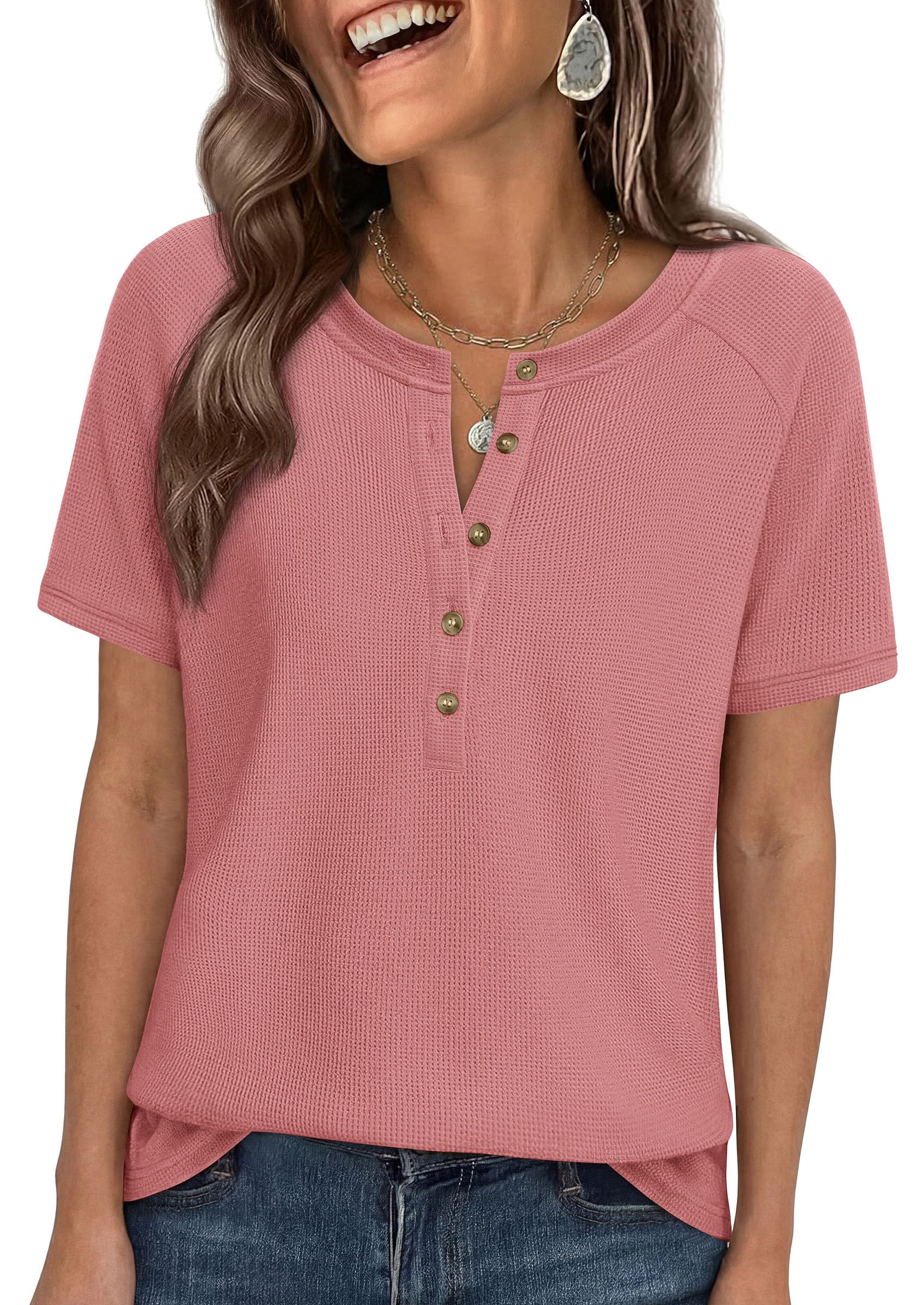 PRETTYGARDEN Waffle Knit Tops for Women Short Sleeve Henley Shirts 2026 Summer Blouses Dressy Casual Spring Fashion Clothes — view 21