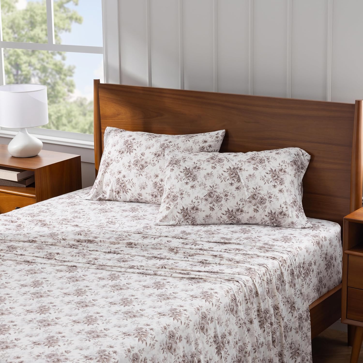 Berkshire Cooling Jersey Sheet Set – Soft, Breathable, Knit Bed Sheets Made of 100% Polyester, Wrinkle-Free & Moisture-Wicking, Deep Pocket Fitted Sheet, 4 Piece Bedding, Queen, Blooming Toile Taupe
