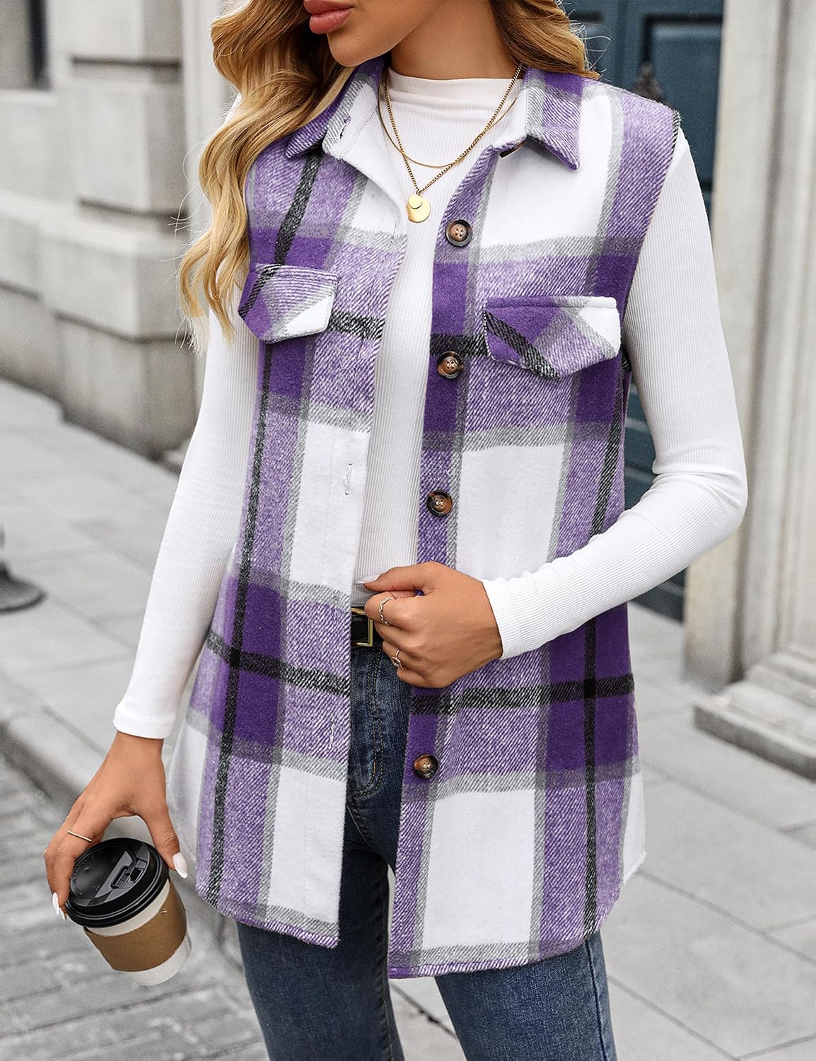 ZILIN Women's Flannel Plaid Vest Button Down Sleeveless Shacket Shirt Jacket