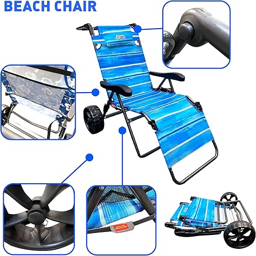 Miniatura 8 de Silla de carrito de playa, 2 en 1, gira de carrito de playa a silla de playa, ruedas grandes, fácil de usar, gran capacidad, color azul a rayas