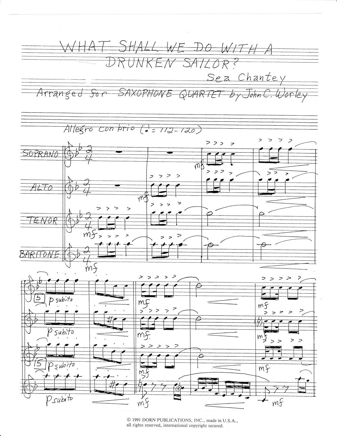 What Shall We Do With A Drunken Sailor? for Saxophone Quartet Arranged