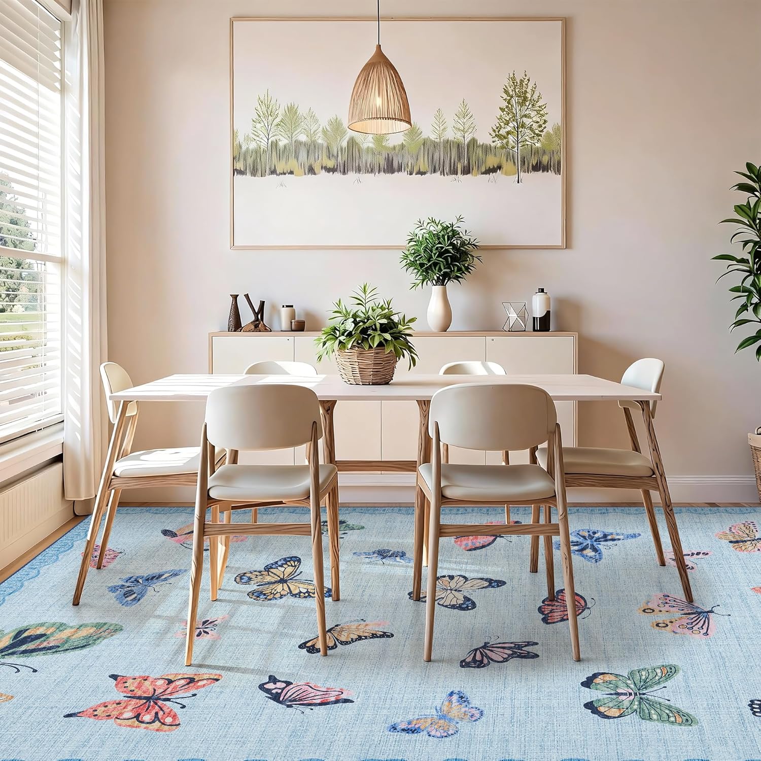 Garvee Area Rug 6x9, No Slip Washable, Modern Butterfly Pattern Area Rug, Low-Pile Design Rug, Under Bed Carpet, for Living Room Bedroom Dining Room, Light Blue