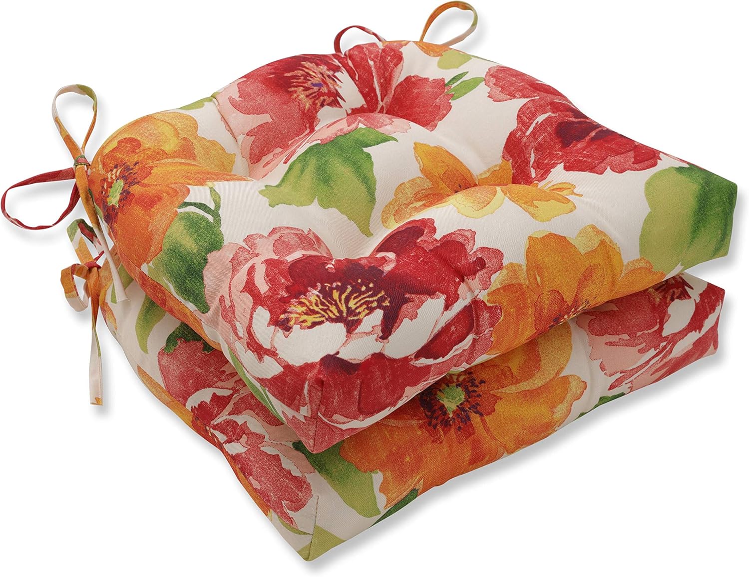 Pillow Perfect Bright Floral Indoor/Outdoor Chairpad with Ties, Tufted, Weather, and Fade Resistant, 17" x 17.5", Green/Orange Muree, 2 Count
