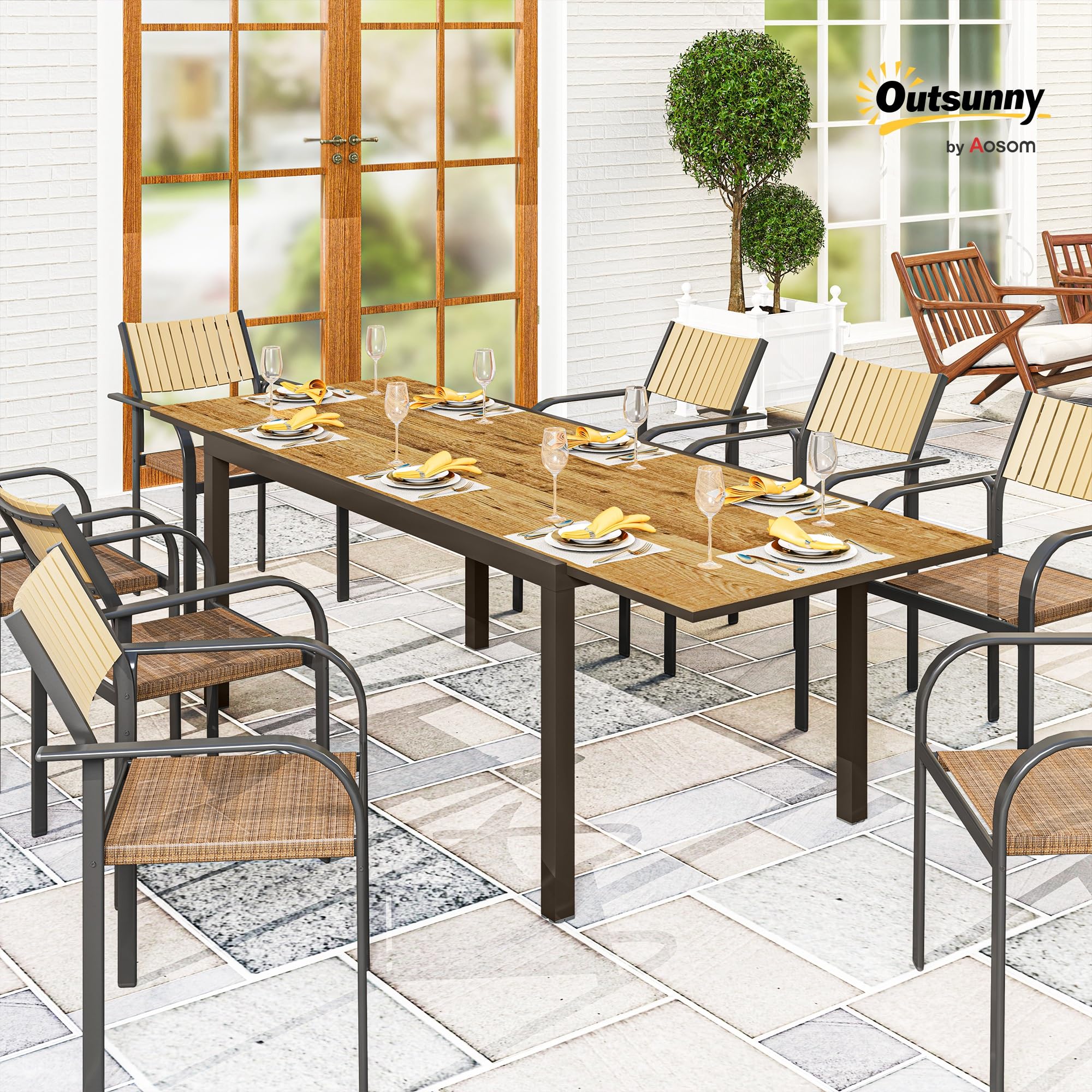 Outsunny Mesa de Jardín Extensible para 6-8 Personas 160/240x90 cm Marrón | Mesa de Comedor Exterior Extensible, con Borde de Aluminio, Carga 70 kg, Mesita Rectangular, para Patio, Terraza