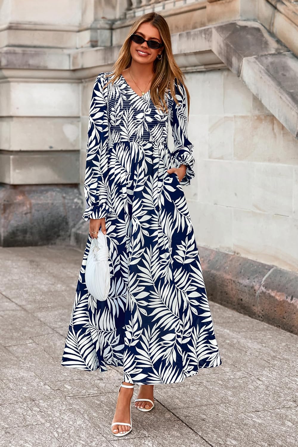 MASCOMODA Womens 2025 Fall Long Sleeve Floral Maxi Dress Casual Smocked V Neck Boho A Line Flowy Long Wedding Guest Dresses - Image 2