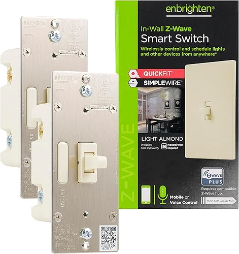 Enbrighten Interruptor de luz inteligente Almond Z-Wave Plus con QuickFit y SimpleWire, listo para 3 vías, compatible con Alexa, Google Assistant,