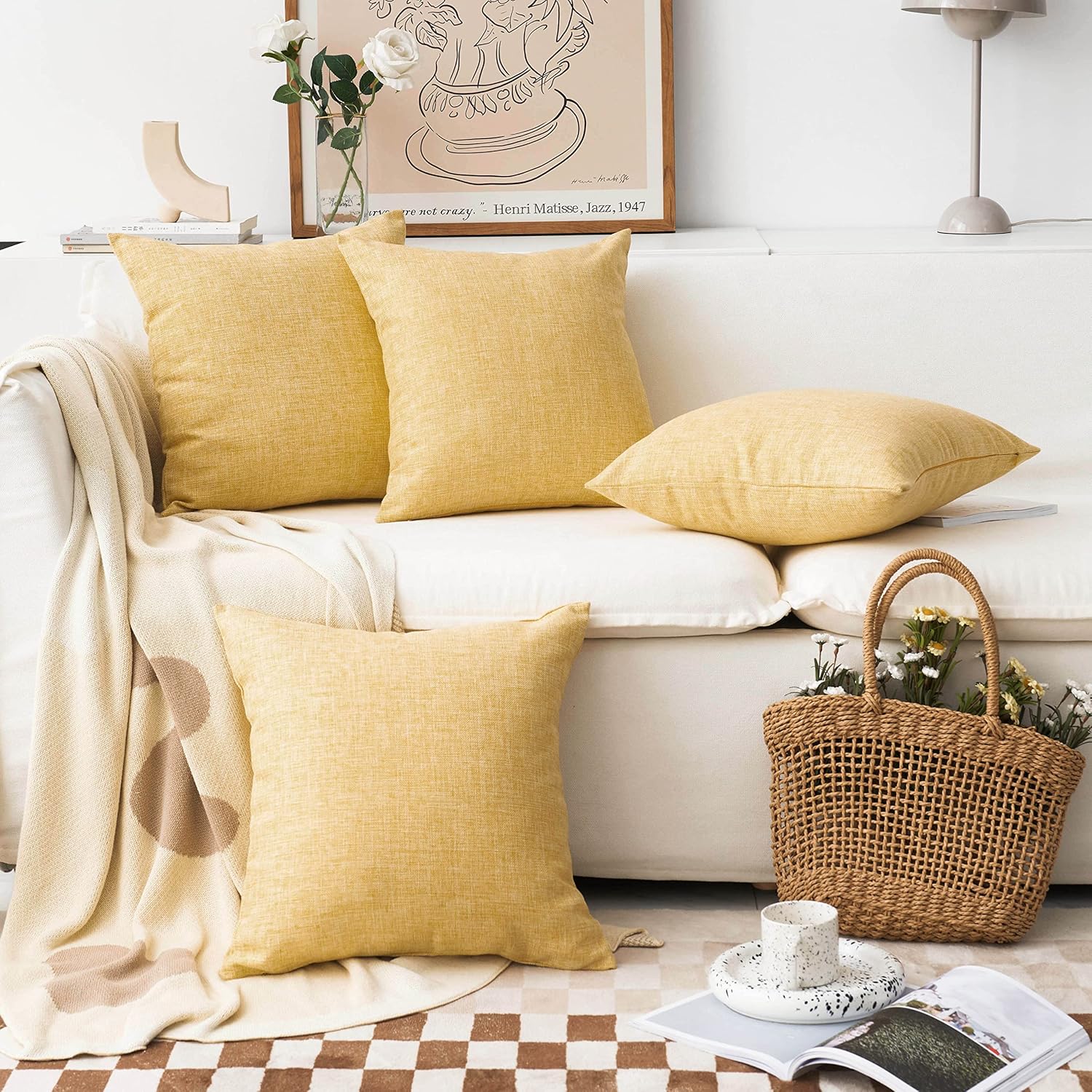 home brilliant spring pillow covers 18x18 set of 4 textured burlap lined linen throw pillow covers for couch sofa bed summer decor, 18 x 18 inch (45cm), yellow 18" x 18" (pack of 4) yellow