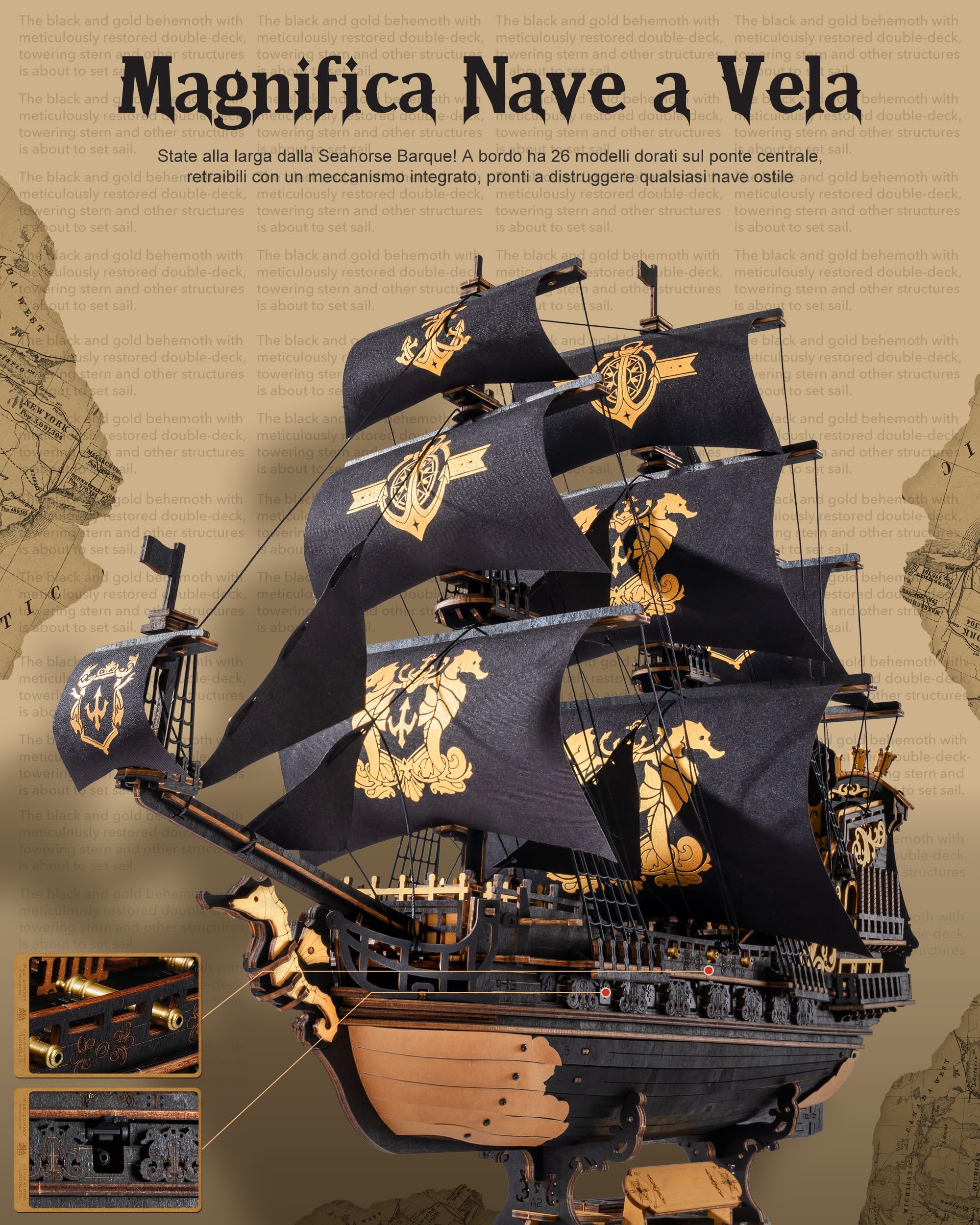ROBOTIME Puzzle 3D in Legno Nave, Modellismo Navale Legno da Costruire Kit Adulti, Modellino Barche Barca a Vela Rompicapo per Bambini, Scala 1:100 Seahorse Barque MCB02