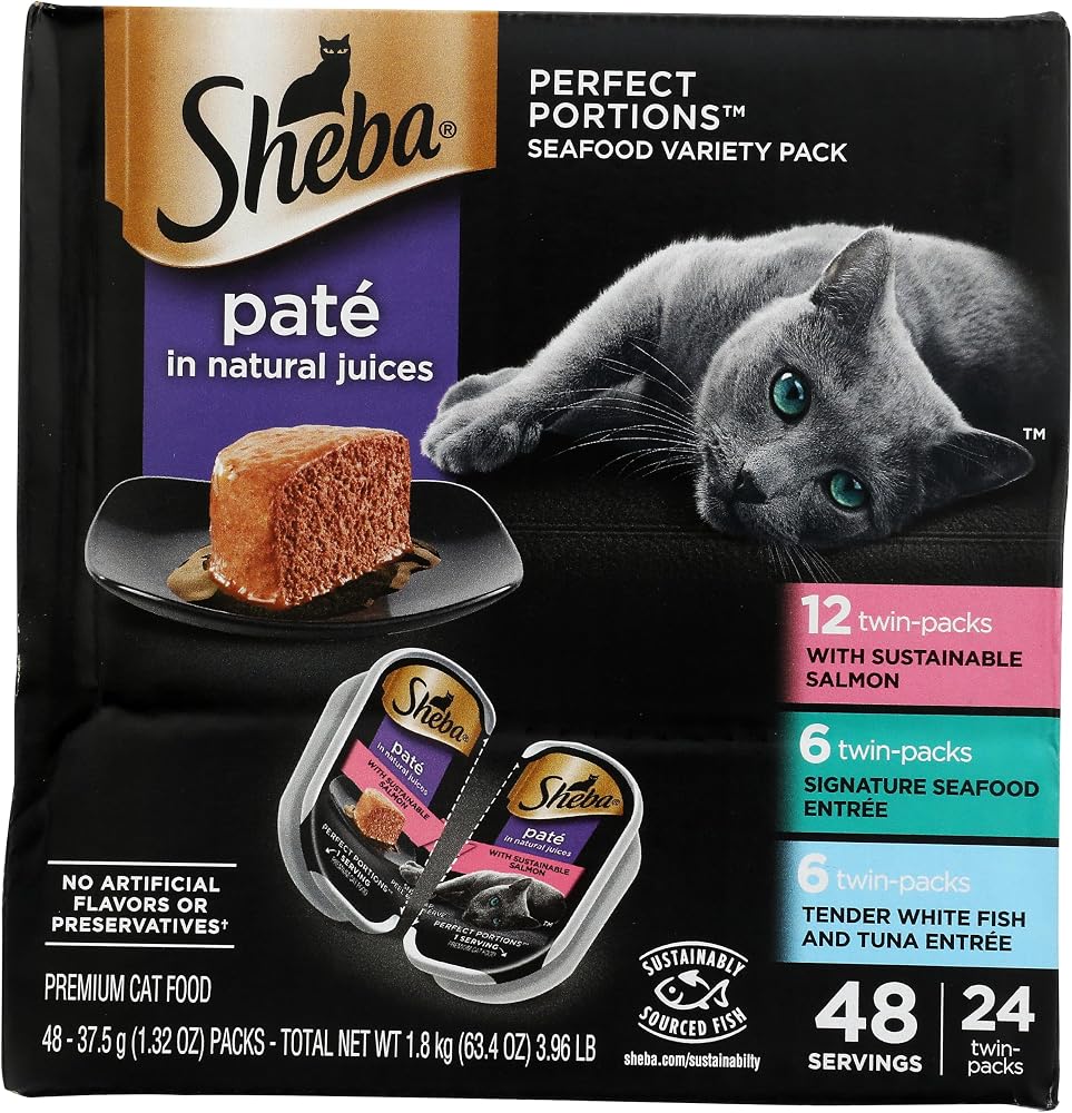 Sheba Perfect Portions Pate Wet Cat Food, Seafood Variety, 2.6 oz, 24 ct | Grain-free, made in USA, Sustainable Salmon, Signature Seafood & Whitefish Tuna, no artificial flavors, twin-pack trays