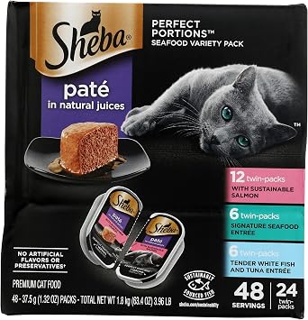 Sheba Perfect Portions Pate Wet Cat Food, Seafood Variety, 2.6 oz, 24 ct | Grain-free, made in USA, Sustainable Salmon, Signature Seafood & Whitefish Tuna, no artificial flavors, twin-pack trays