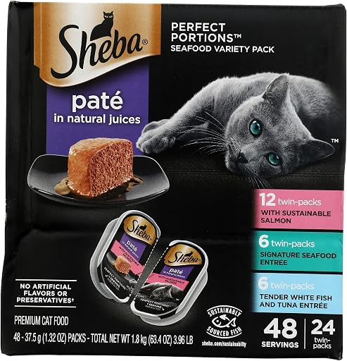 Sheba Perfect Portions Pate Wet Cat Food, Seafood Variety, 2.6 oz, 24 ct | Grain-free, made in USA, Sustainable Salmon, Signature Seafood & Whitefish Tuna, no artificial flavors, twin-pack trays