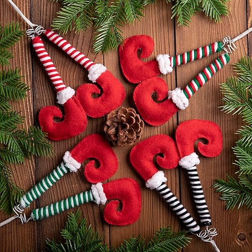 Miniatura 7 de 6 púas de patas de elfo de Navidad, adornos de árbol de pies de elfo de 13 pulgadas con alambre fijo, púas de felpa a rayas para patas de elfo para