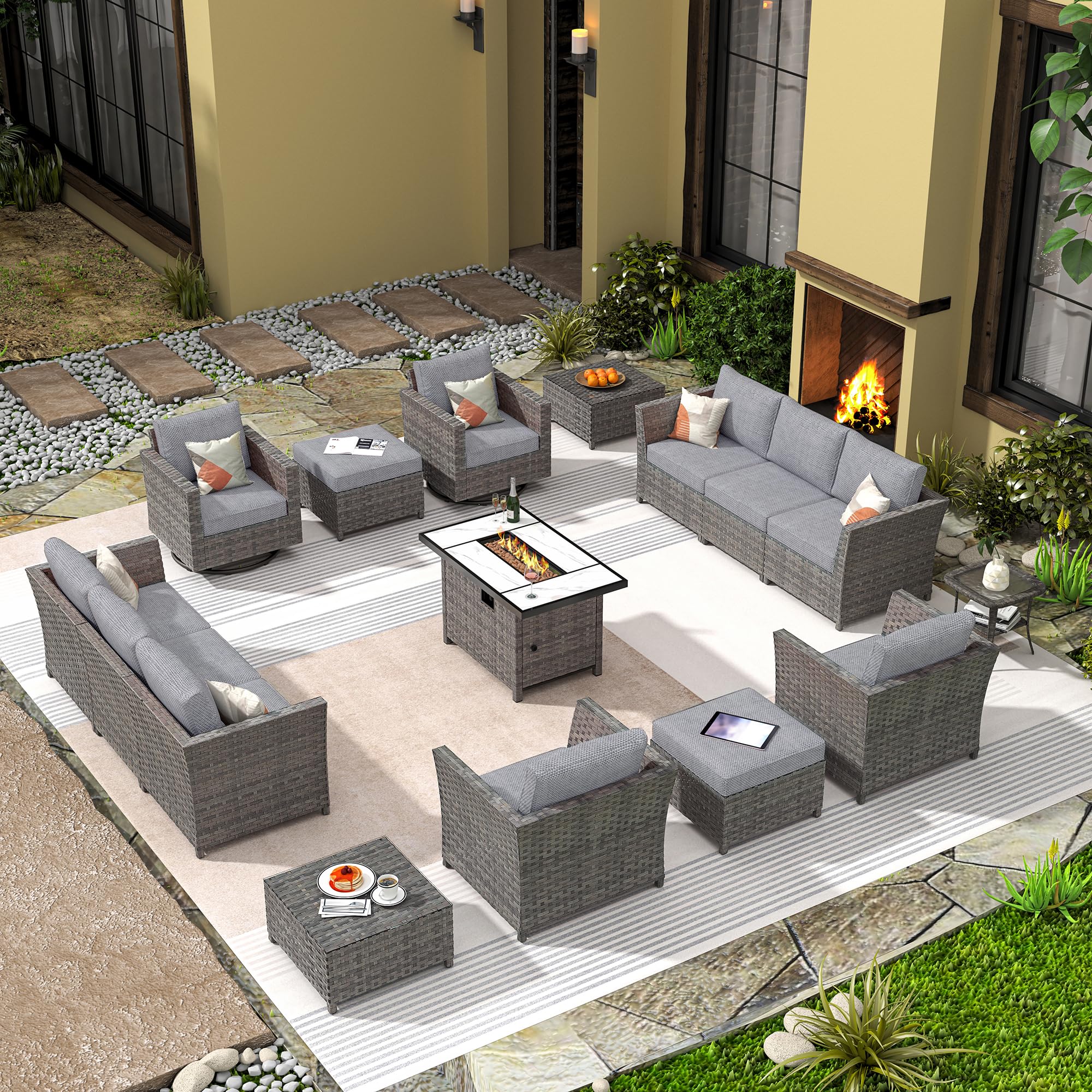 CAODOC 16 Pieces Patio Furniture Conversation Set with 42" Fire Pit Table Rocking Chair Outdoor Sectional Gray Wicker Sofa Set