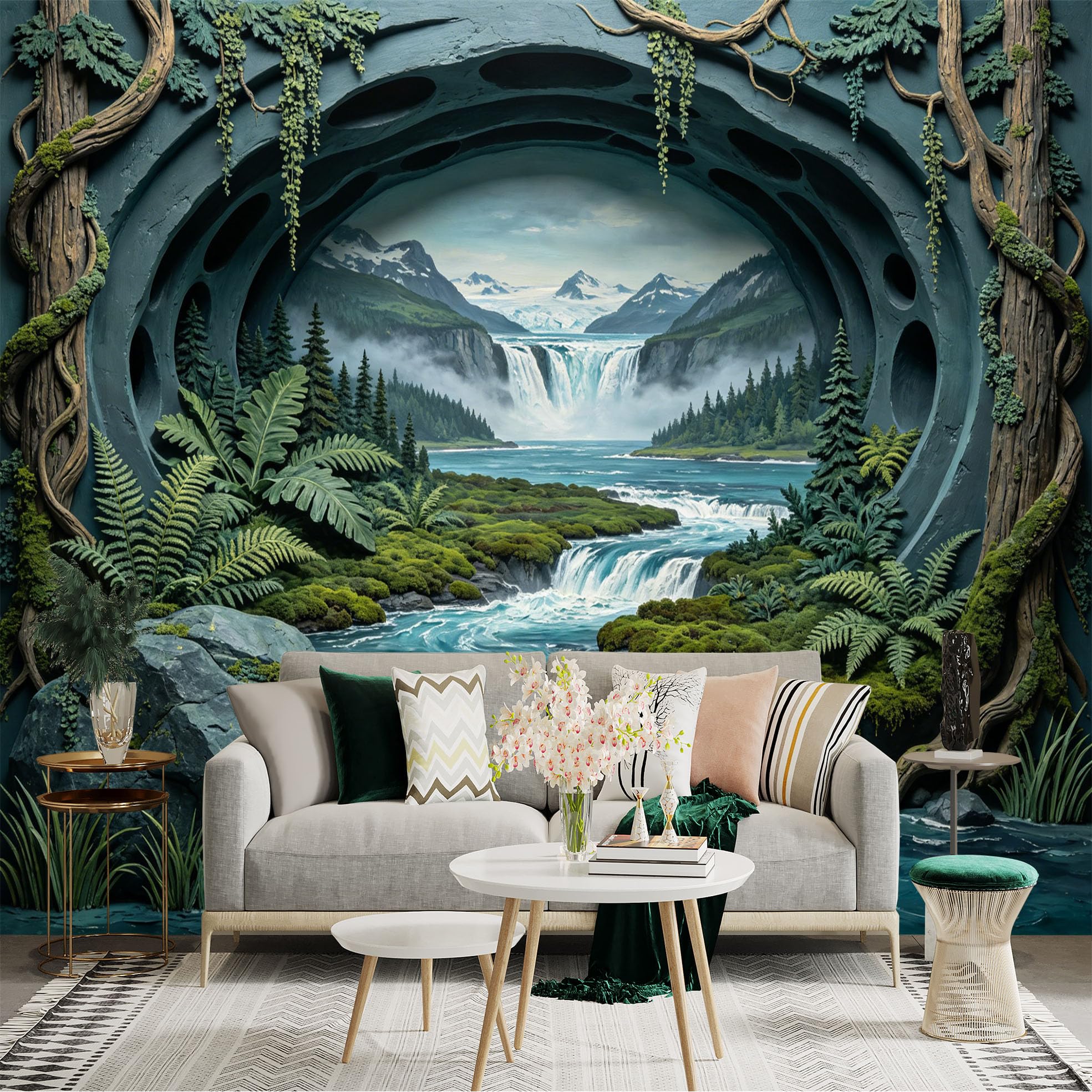 Custom Size Wall Sticker Mural， Tropical Forest Waterfall with River， Mountains and Lush Greenery， for wall Decoration， peelandstick wall Decals.