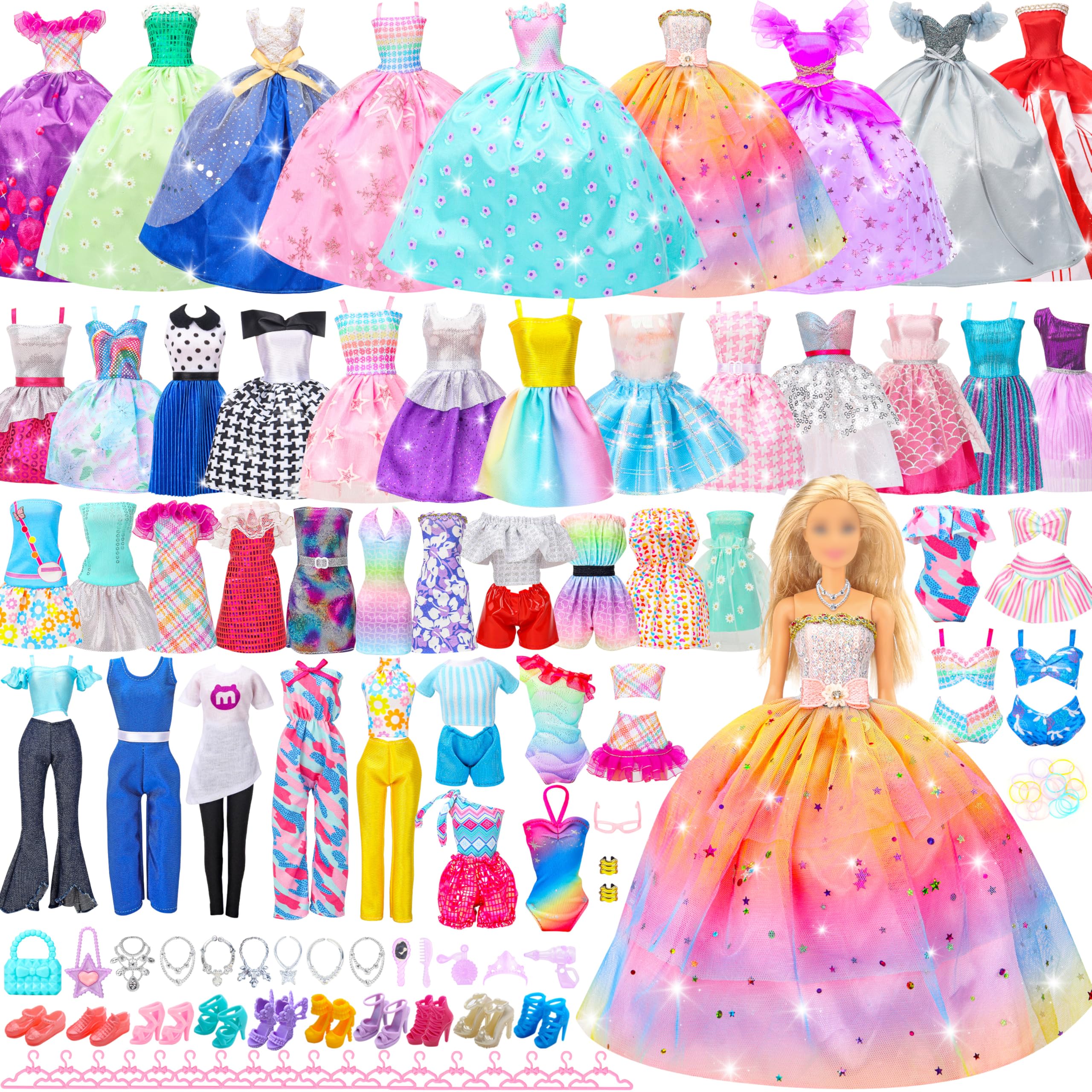 Sponsored Ad - 70 Pcs Doll Clothes and Accessories,2 Wedding Gown 6 Fashion Dresses 2 Set Casual Outfits 1 Top 1 Pant Bikini 1 Swimsuit,20 Hanger 10 Shoe 27 Accessories Toys for Girls Kids Birthday Gift