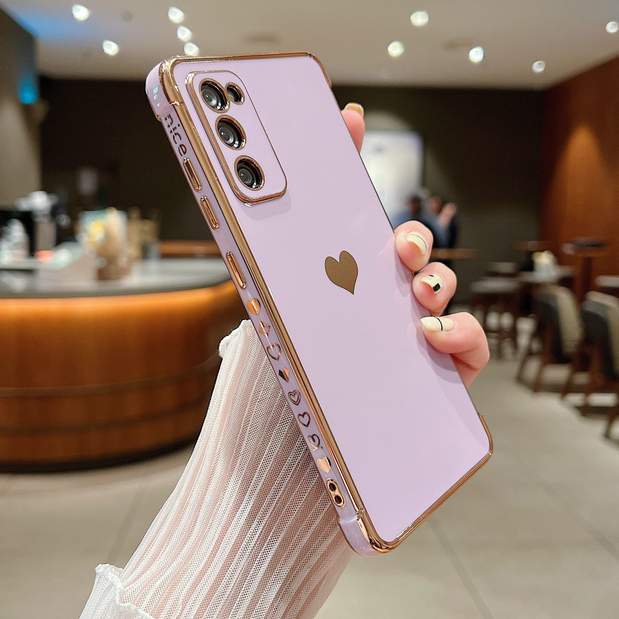 LSOUGUK Compatible with Samsung Galaxy S20 FE Case,Love Heart Pattern Electroplated Design Soft TPU Shockproof Protective Phone Case Full Camera Lens Protection Cover for Samsung Galaxy S20 FE-Purple