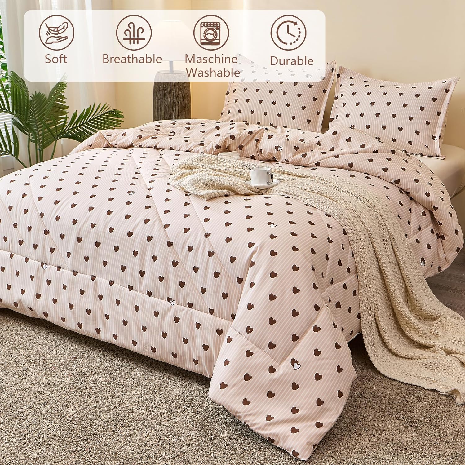 Caressma Brown Heart Print Comforter Set Full Size