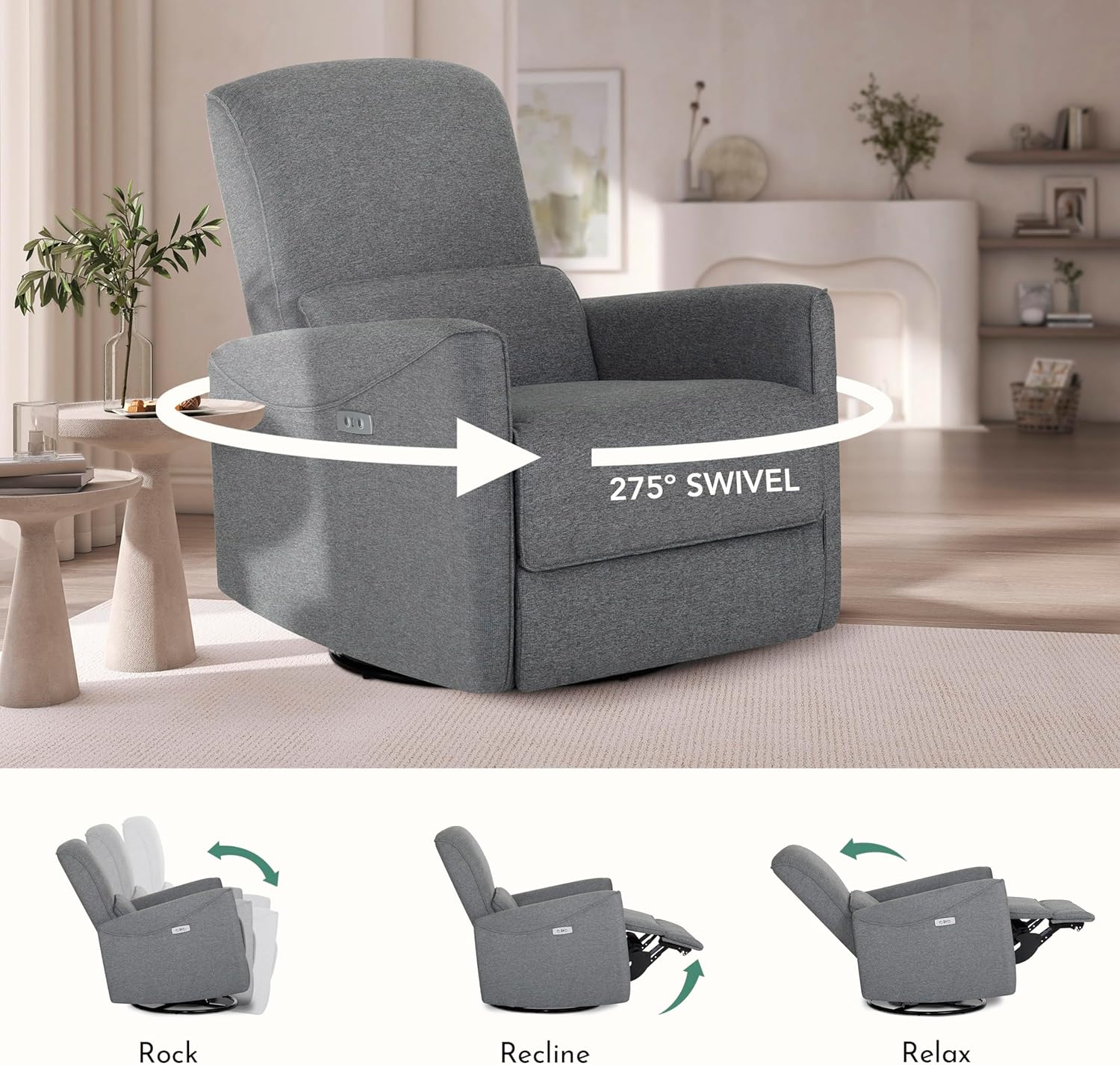 Evolur Belmont Nursery Glider Chair with Massager in Cosmic Grey, Power Recliner with 275° Swivel, Lumbar Support Modern Rocking Chair for Baby Room, Nursery & Living Room