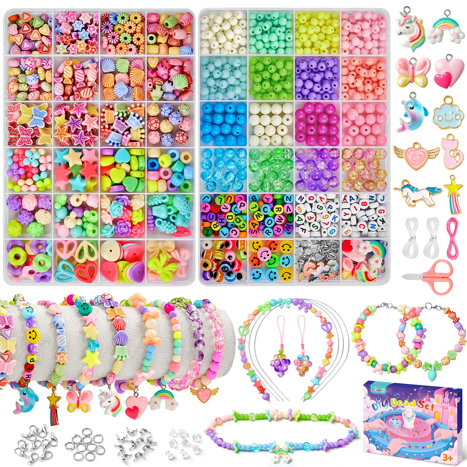 Bridokit Beads Bracelet Making Kits for Girls, 4 Types of Beads for Necklace Jewellery Phone Charm, with Glass Bead, 2 Boxes DIY Friendship Bracelet Making Kit, Arts and Crafts for Kids Girls Adults