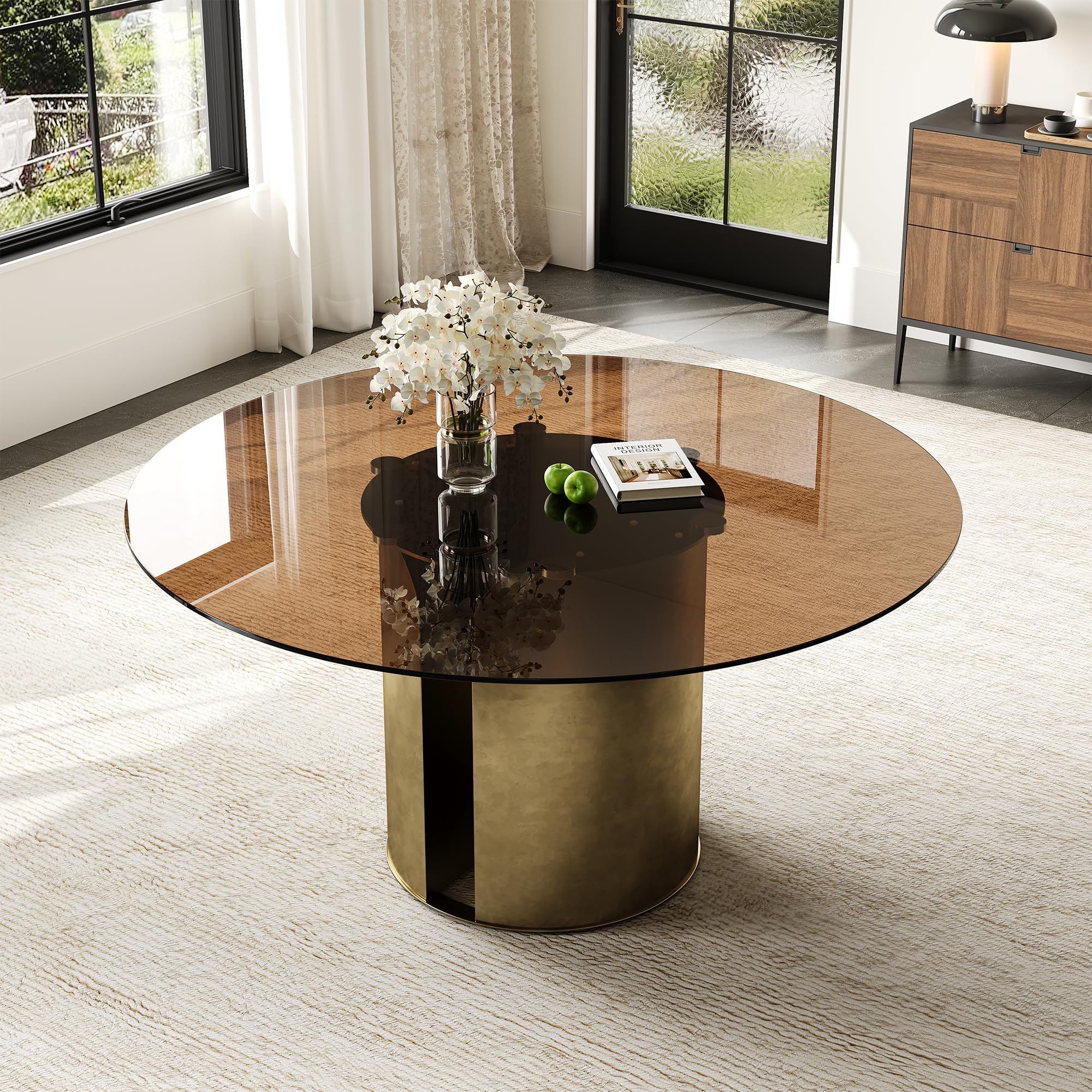 Leavader 59-inch Round Dining Table, Dark Brown Glass Tabletop with Antique Copper Carbon Steel Base, Suitable for Family Kitchen and Living Room