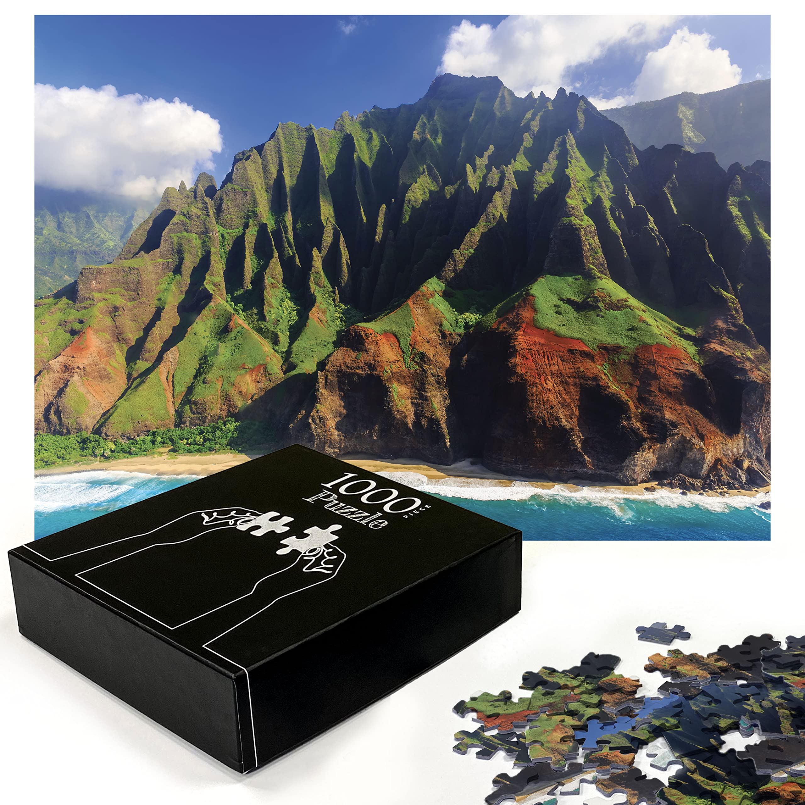 AmbesonneHawaiian Jigsaw Puzzle, Aerial View of Na Pali Coast Kauai Hawaii Mountain Cliff Seacoast Scenic Photo, Heirloom-Quality Fun Activity for Family Durable Cardboard, 1000 pcs, Green Brown