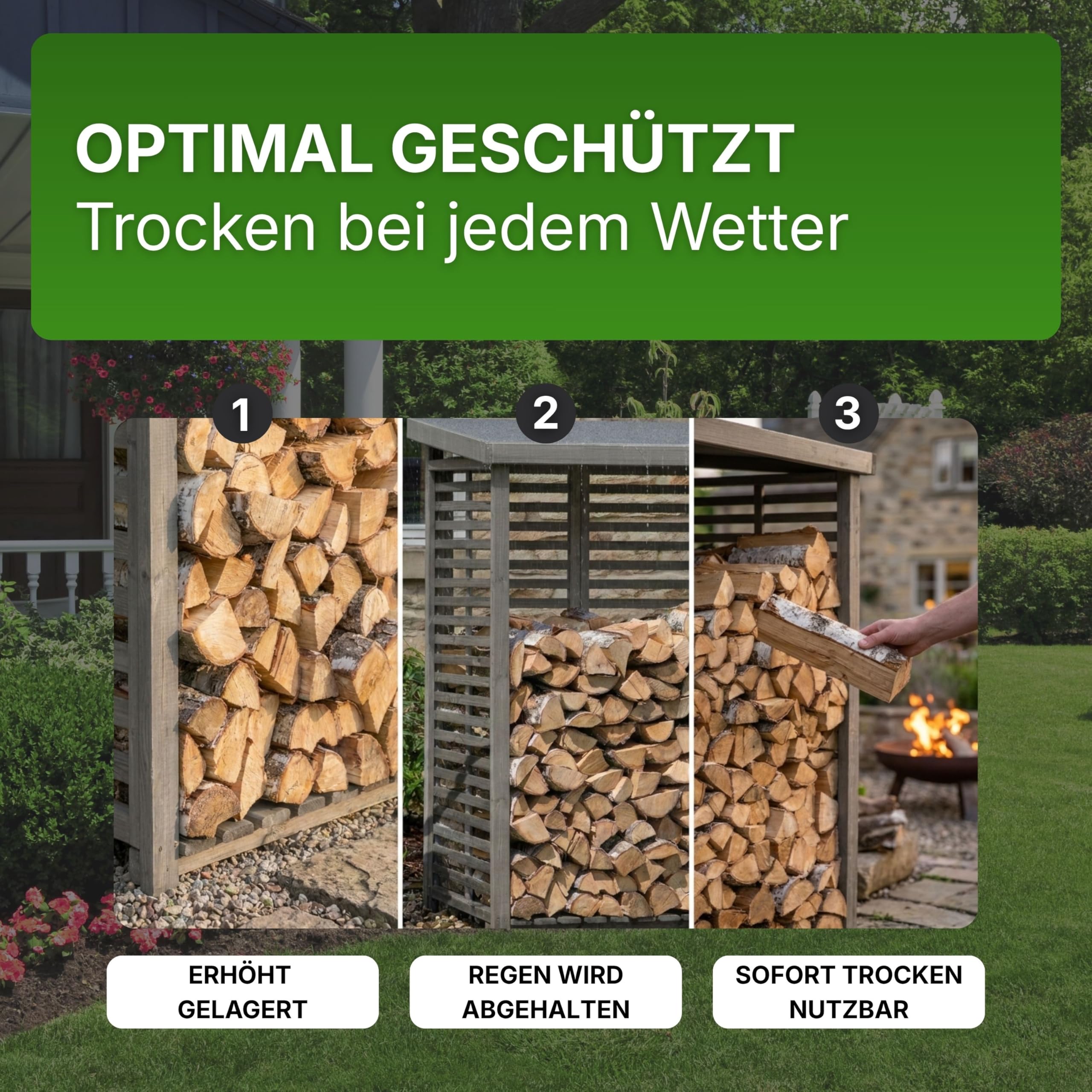 Gartenpirat Holzunterstand für Kaminholz mit Rückwand – wetterfestes Kaminholzregal für ca. 2 m³ Holz, 208 x 200 x 75 cm, stabiles Brennholzlager aus Holz