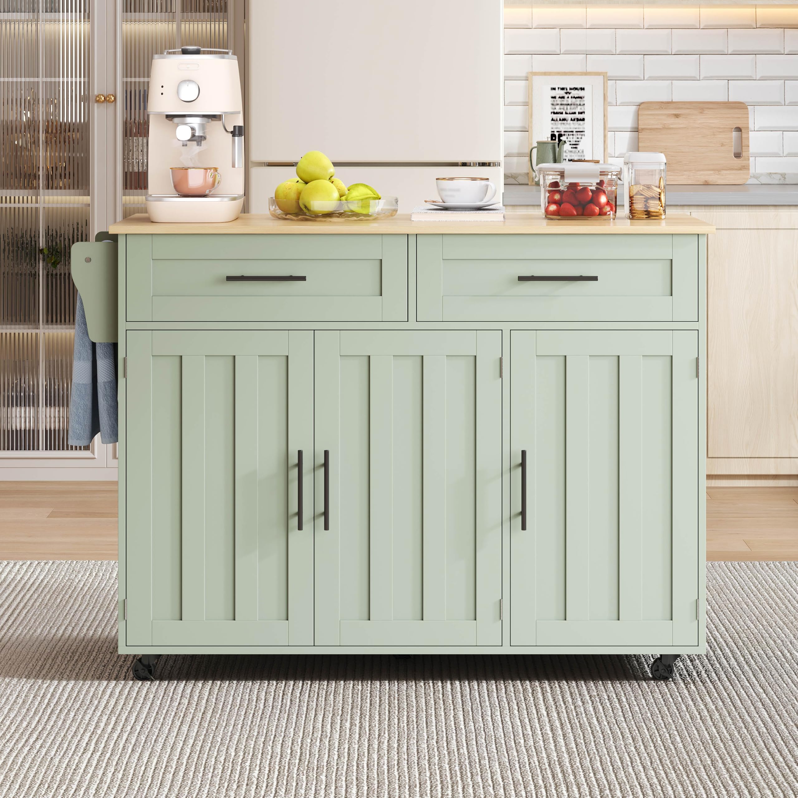 Isola da cucina autoportante con piano di lavoro pieghevole, mobile da cucina su 5 ruote, con ripiano e 2 cassetti, per cucina e sala da pranzo, 129 x 46 (71) x 91,5 cm