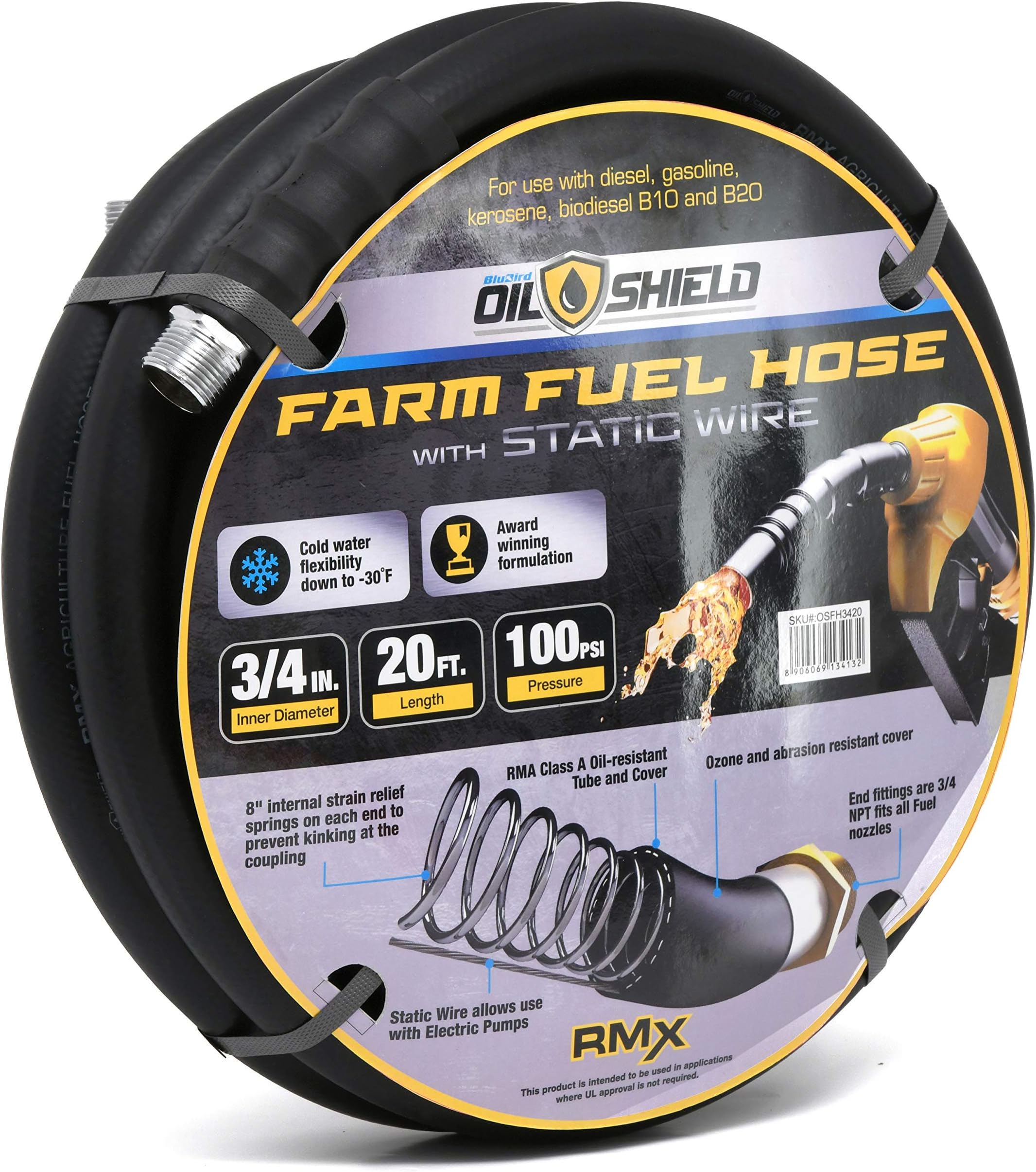 OIL SHIELDNext-Gen Farm Fuel Transfer Hose - Lighter - 2X Kink Resistant - Antistatic - 4 Finger Grip Bend Restrictors (3/4" x 20') OSFH3420